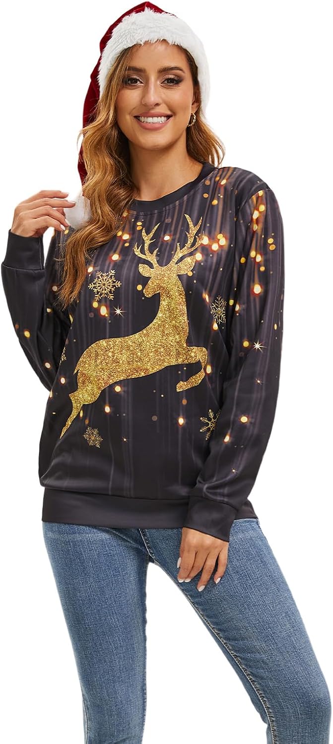 Ugly Christmas Sweater Women Men Novelty 3D Funny Pullover Crewneck Sweatshirt with Santa Hat for Party