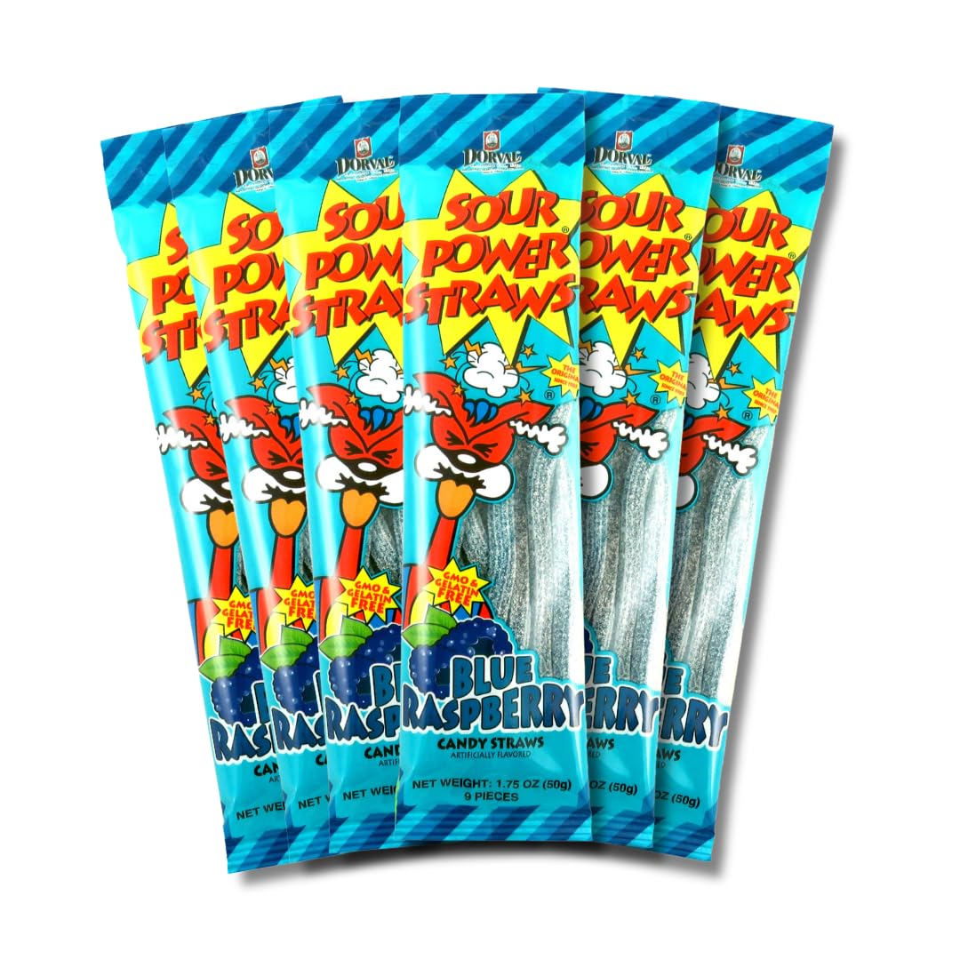 Sour Power Blue Raspberry Candy Straws, 1.75 oz (Pack of 6), Vegan Sour Blue Raspberry Straws Since 1985, Soft Chewy Sweet Tart, Non-GMO Gelatin Free,