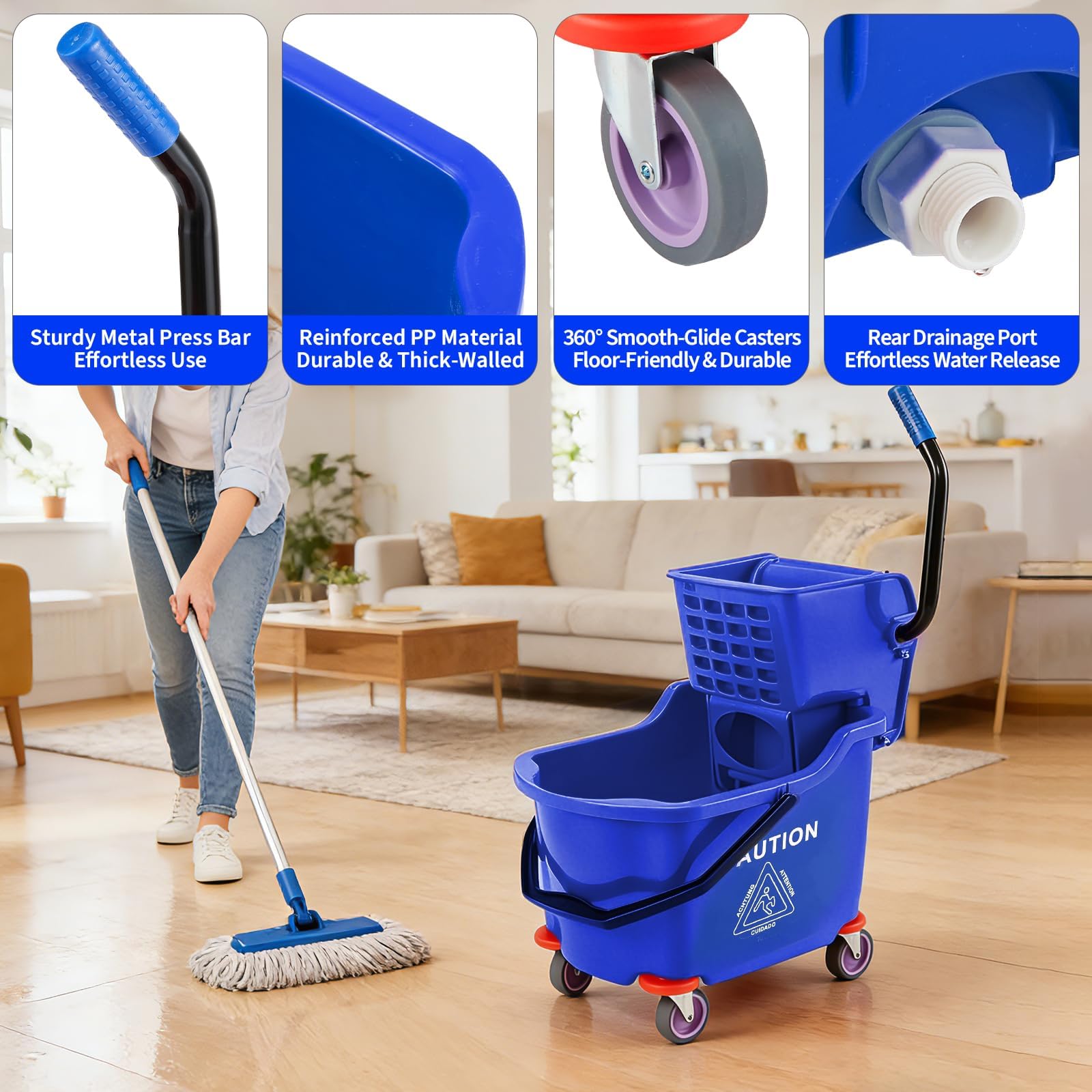 Industrielles Kentucky Mopp Set – 32L/33L Doppel-Eimer & Presse, Profi Wischwagen auf Rollen – Robuster Metall Moppeimer für Gewerbe, Lager, Hotel, Schule, Haushalt – Effiziente