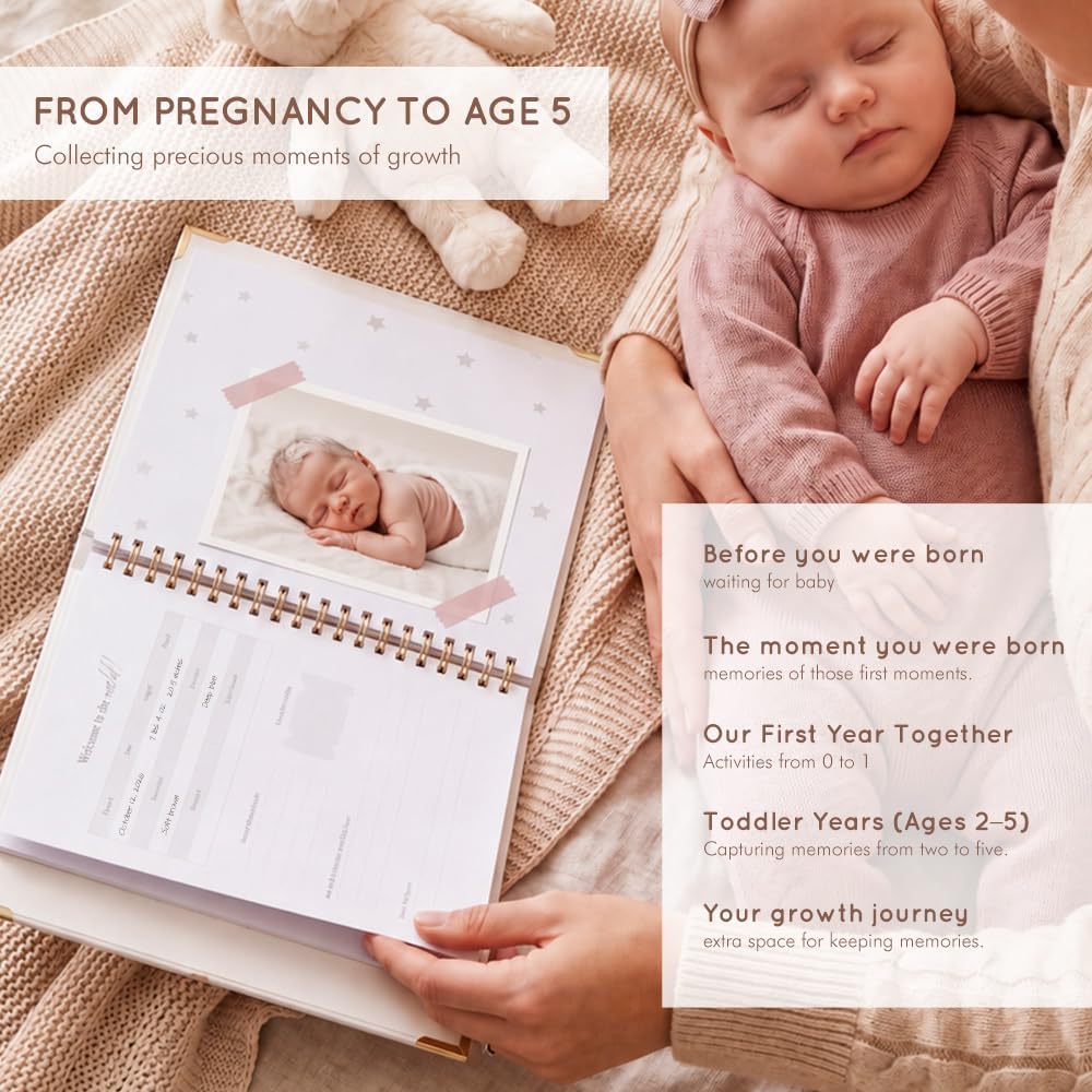 Molekaus Baby Book Keepsake for Baby Girls and Boys - Timeless First 5 Year Baby Scrapbook - Every Event from Birth to Age 5 - Gender Neutral Baby Photo Albums Gifts, 136 Pages (Bear Beige)