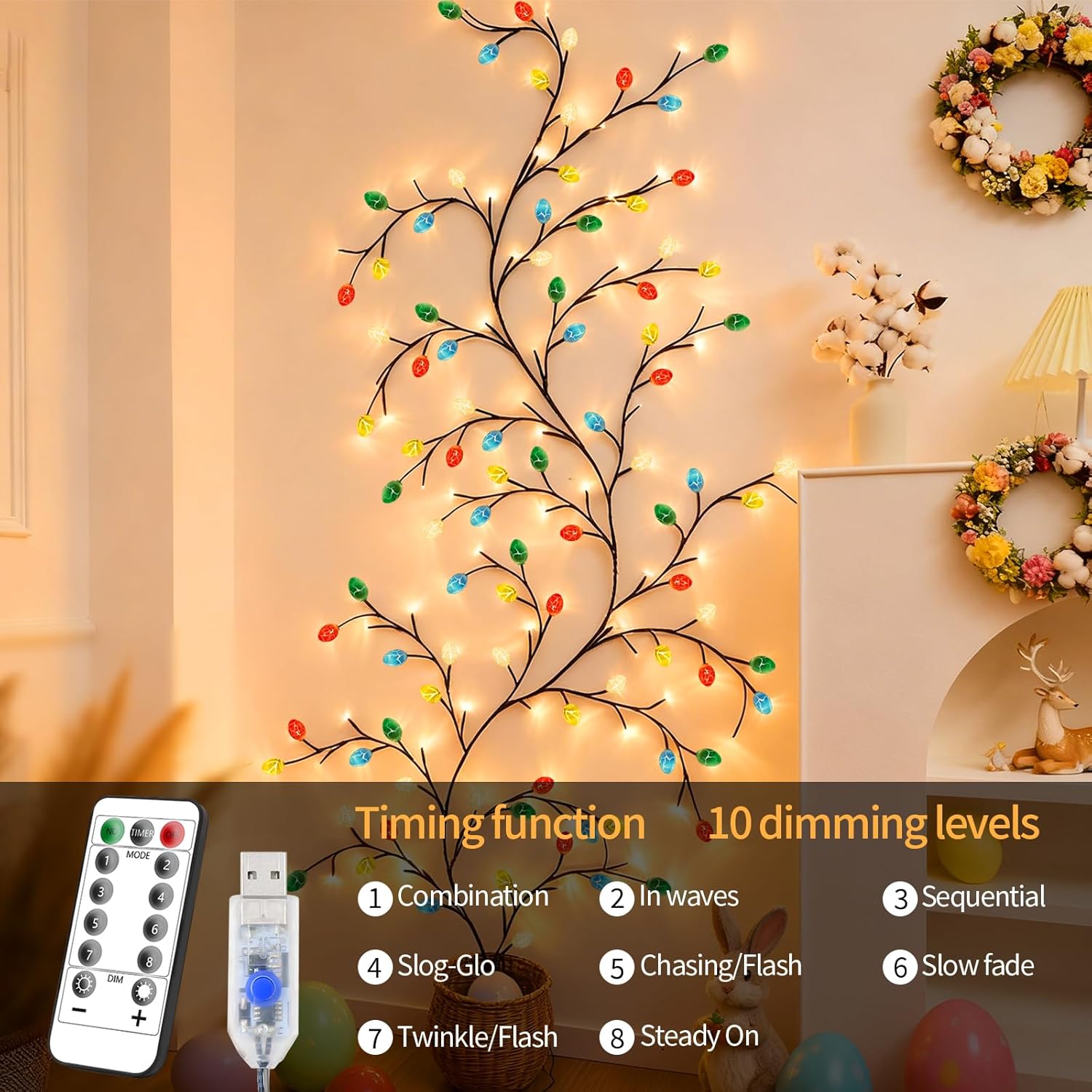 FNHMSL Easter Egg Enchanted Willow Vine Lights, 4FT 48LED 4 Color Easter Egg Tree Branch Lights for Wall, Remote Timer,8 Light Model,Bedroom Wall Doors Wedding, Christmas, USB Battery Box