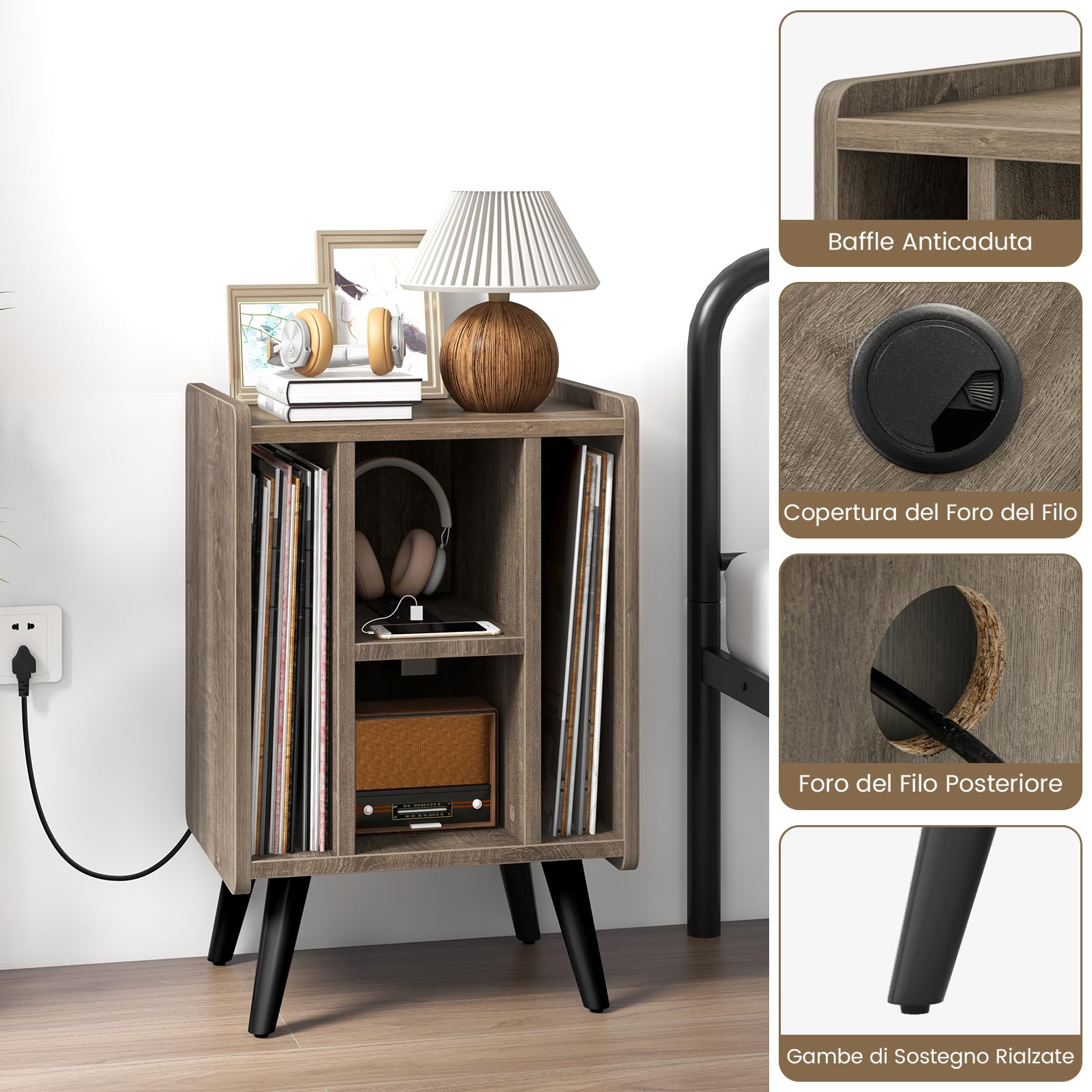 RELAX4LIFE Supporto per Giradischi con Stazione di Ricarica, Porta Vinili con 4 Scomparti Aperti, Espositore per Dischi, Carico Max 90kg per Ufficio, Studio, Camera da Letto