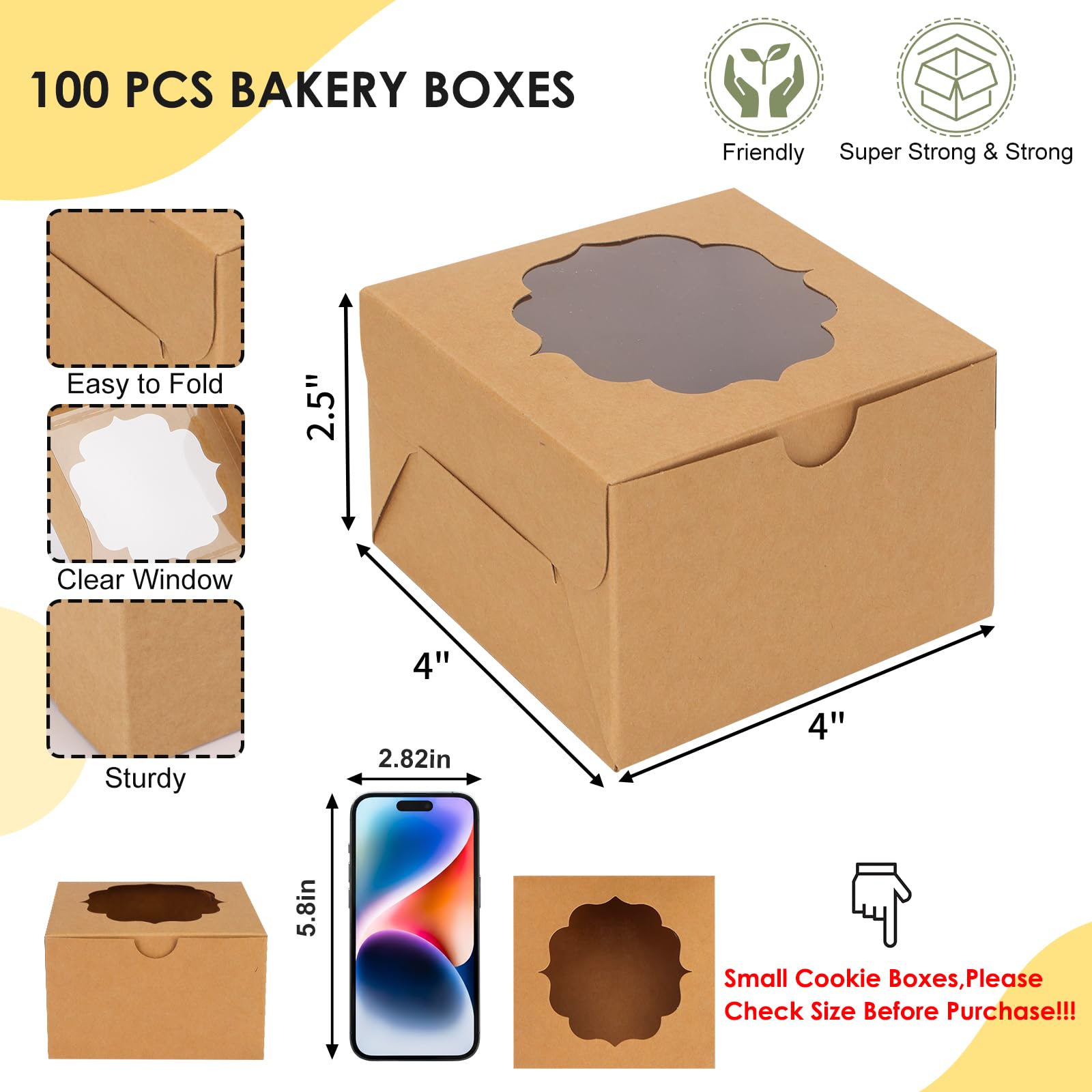 Tomnk 100 cajas de panadería marrones de 4 x 4 x 2.5 pulgadas, pequeñas cajas de galletas Kraft para hornear con ventana para dulces postres, chocolate, fresas, magdalenas, donas y recuerdos de fiesta