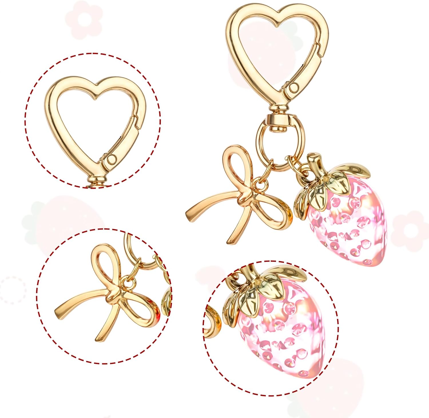 Strawberry Keychain, Cute Strawberry Bag Charms for Women Girls Bow Heart Key Chains for Bag Wallet Cellphone Car - Image 3
