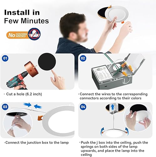 Miniatura 7 de Paquete de 12 luces empotrables LED empotrables de 6 pulgadas con caja de conexiones, luz empotrada de brillo de 1050 lm, 12 W 110 W Eqv, luces