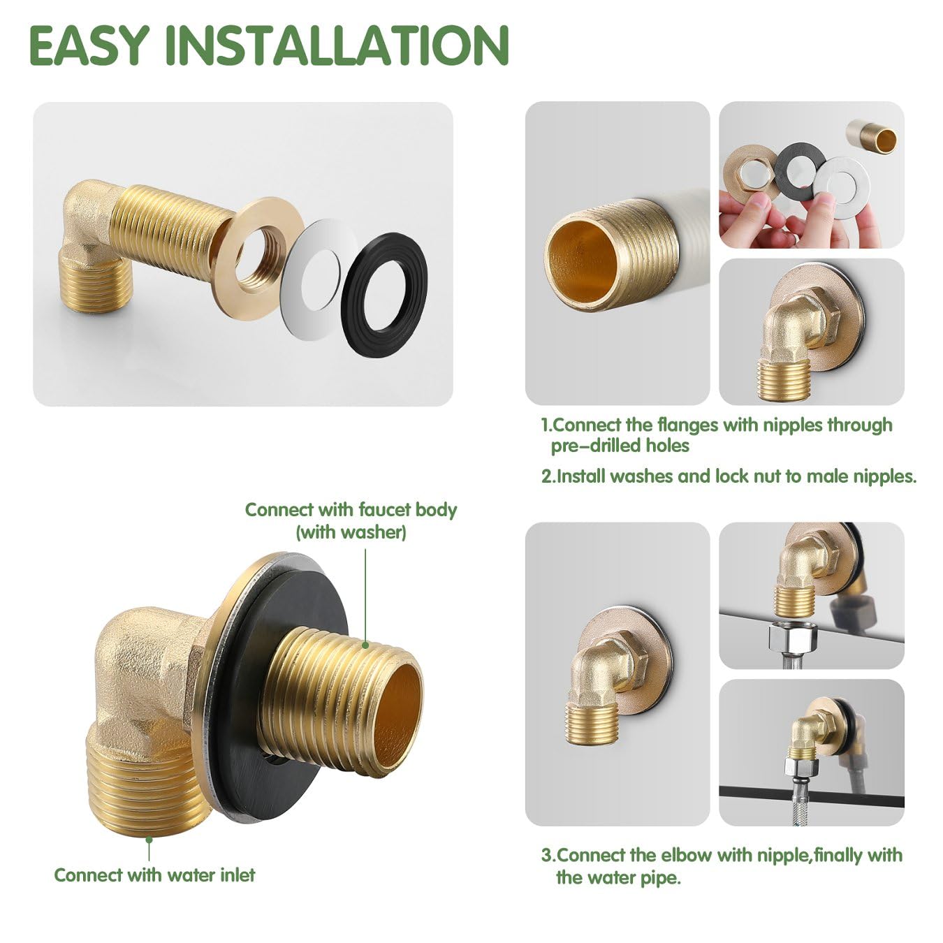 Kit de instalación para grifo comercial de montaje en pared, juego de montaje para salpicaduras de acero inoxidable para preparación de cocina y fregadero utilitario, adaptador de codo IPS