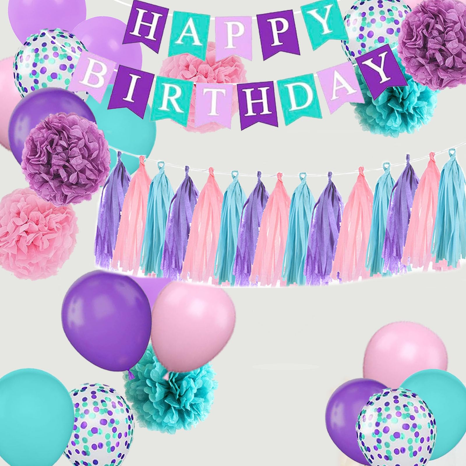 Decoraciones de cumpleaños verde azulado, morado, rosa, decoración de fiesta de cumpleaños de sirena para niñas y mujeres con pompones, borlas y globos