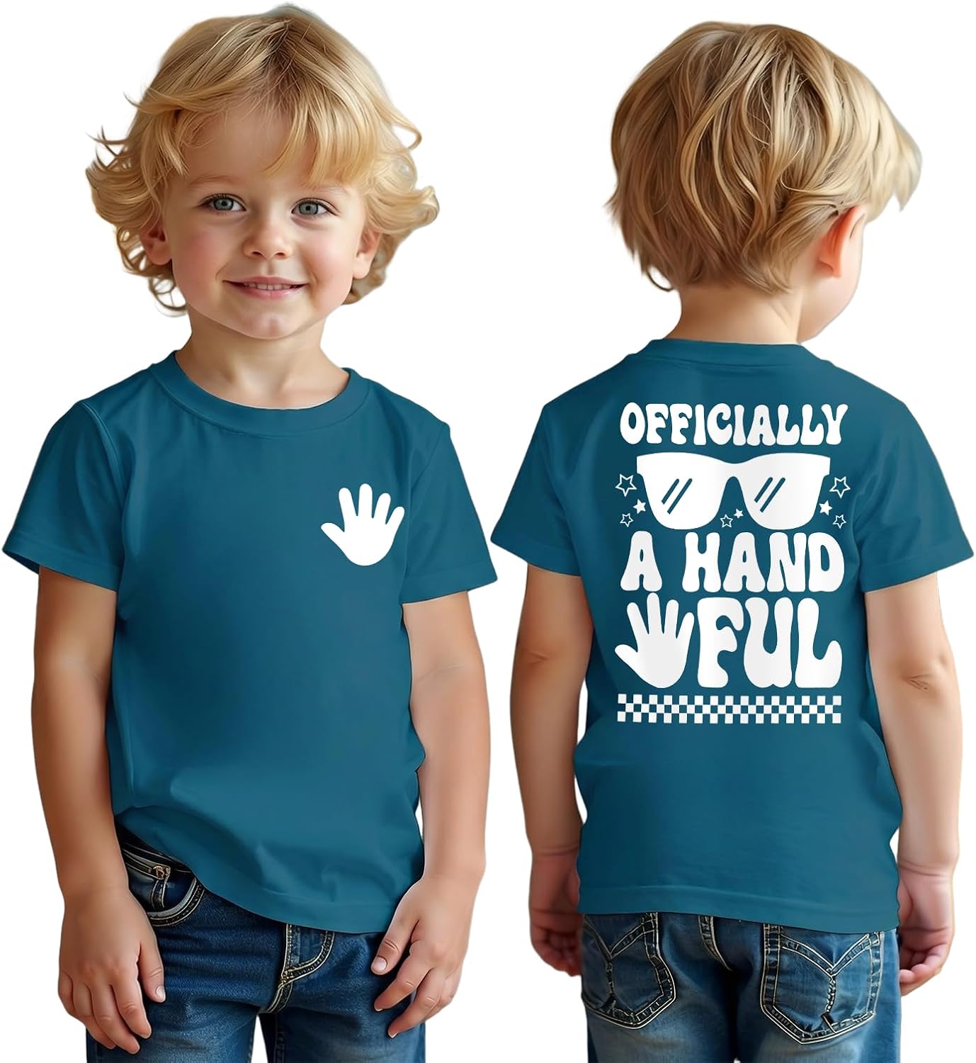 Premium | 5th Birthday T-Shirt Boy Birthday Shirt Officially A Hand FUL Print T-Shirt Summer Crew Neck Shirts Fifth Years Boys Shirt Kids Short Sleeve Tops Announcement Outfits 2026