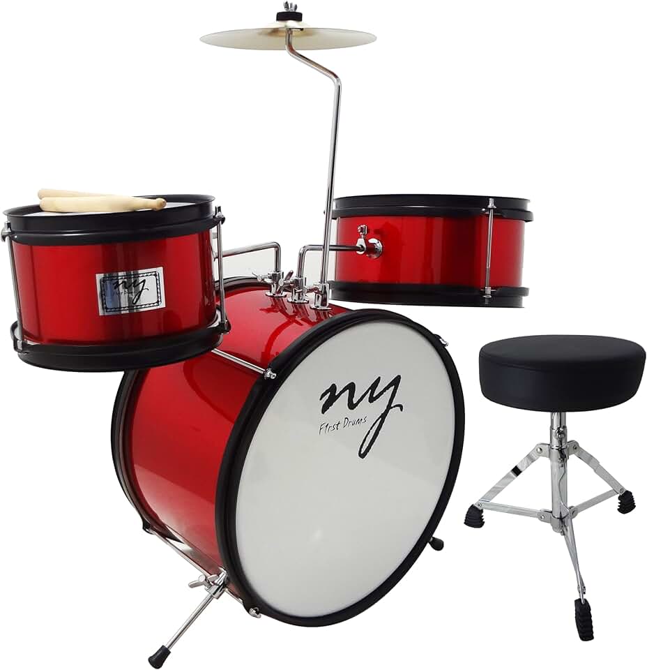 Bateria Infantil Acústica 2T JJ Vermelha com Banco e Pedal New York