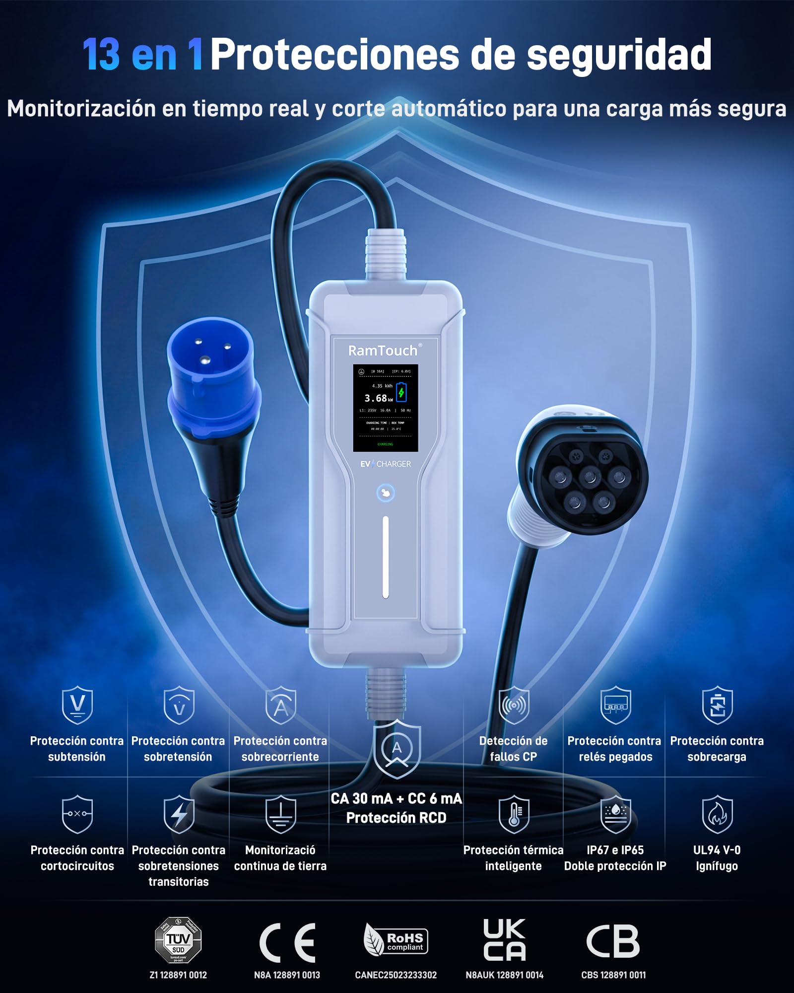 Cargador EV (3,7 kW, 16 A, 7,5 m) | CEE Azul Camping 16A a Tipo 2 | Monofásico | IP67 | 6–16 A | Timer + inicio diferido | LCD 2,4" | RCD CA/CC | Cable Modo 2 / wallbox móvil | para VE y PHEV