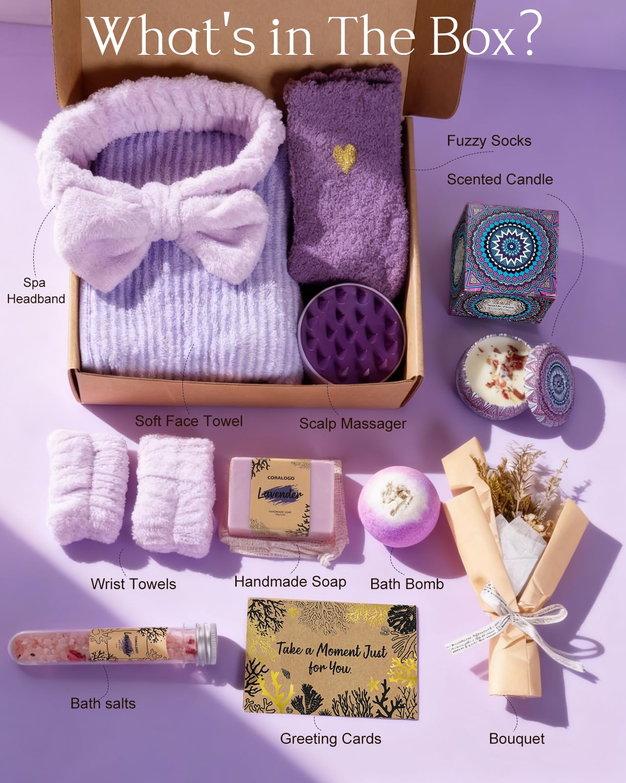 Coralogo Spa Gift Baskets - Mothers Day Gifts Natural Pampering Spa Set, Self-Care Get Well Soon Basket,Thank You Gifts, Unique 11pcs Gift Set for Women Wife Mom Her Birthday: Lavender