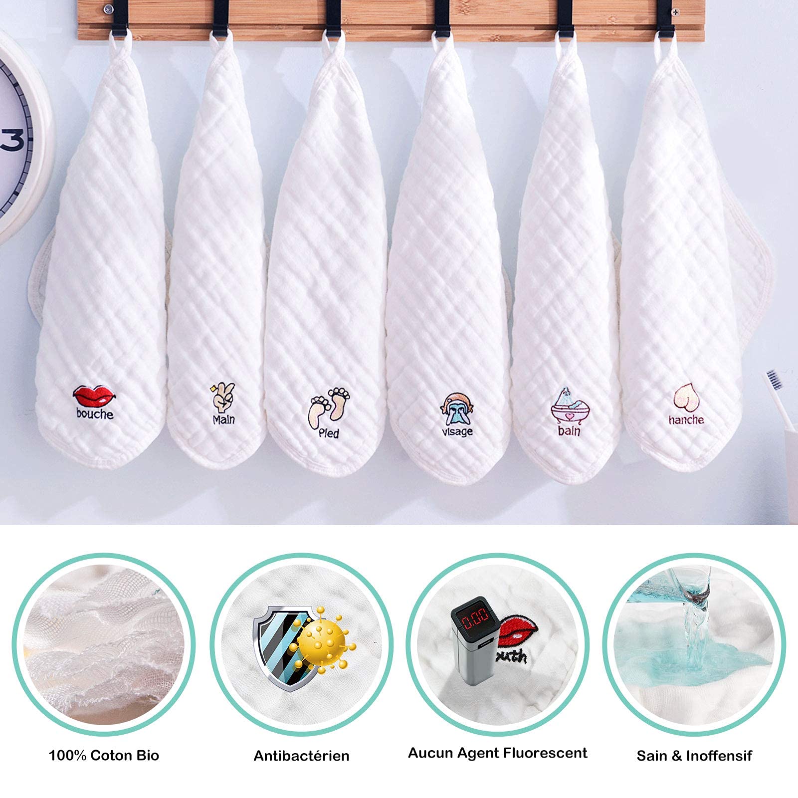 6 Débarbouillettes Bébé Mousseline Coton Bio - 30x30 Cm Ultra Douces Et Absorbantes