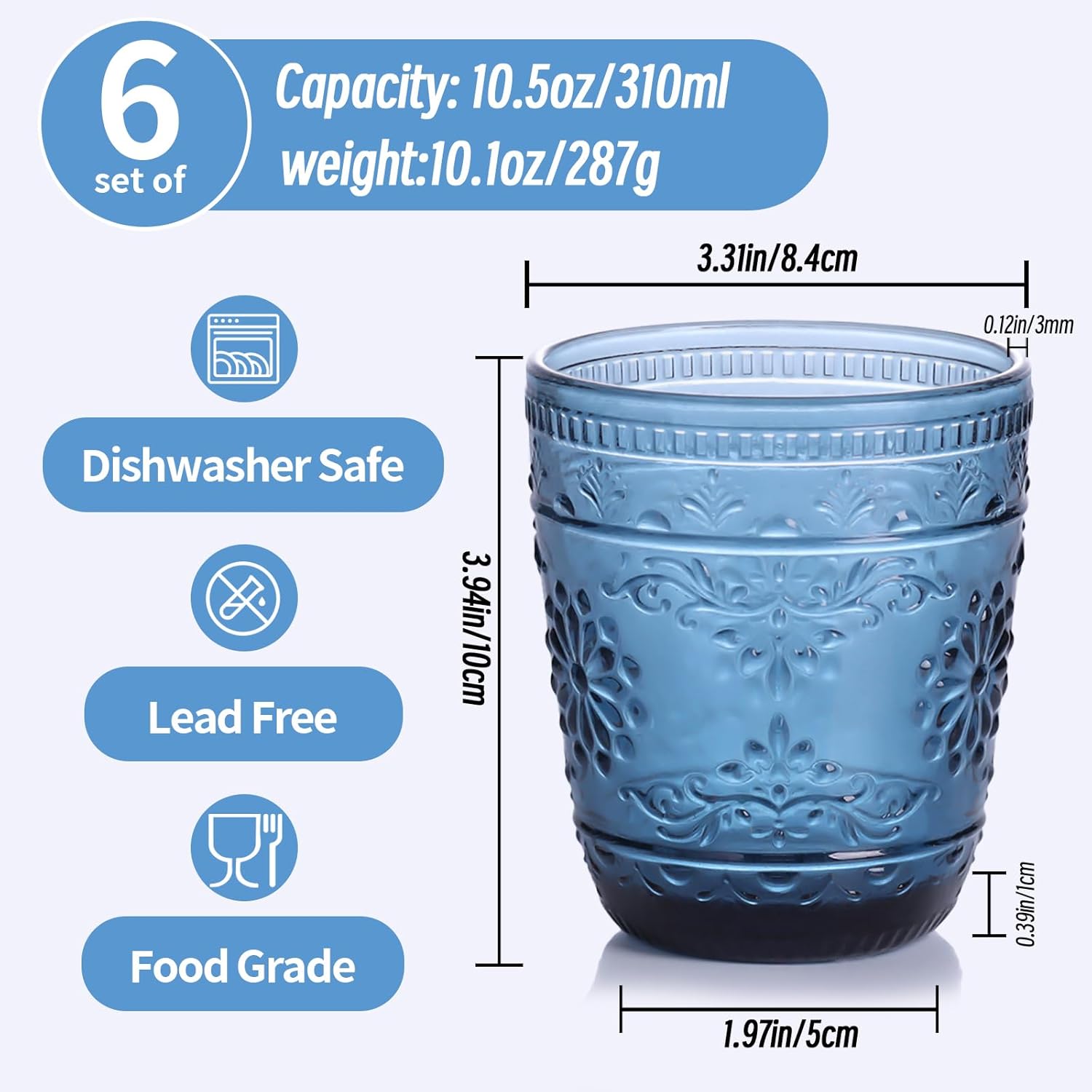 Blue Glassware set of 6, 10OZ Drinking Glasses, Blue Heavy Duty Glass Cups, Old Fashioned Glass, Embossed Glasses Set for Party Wedding Home Office Glassesware Gift - Image 5