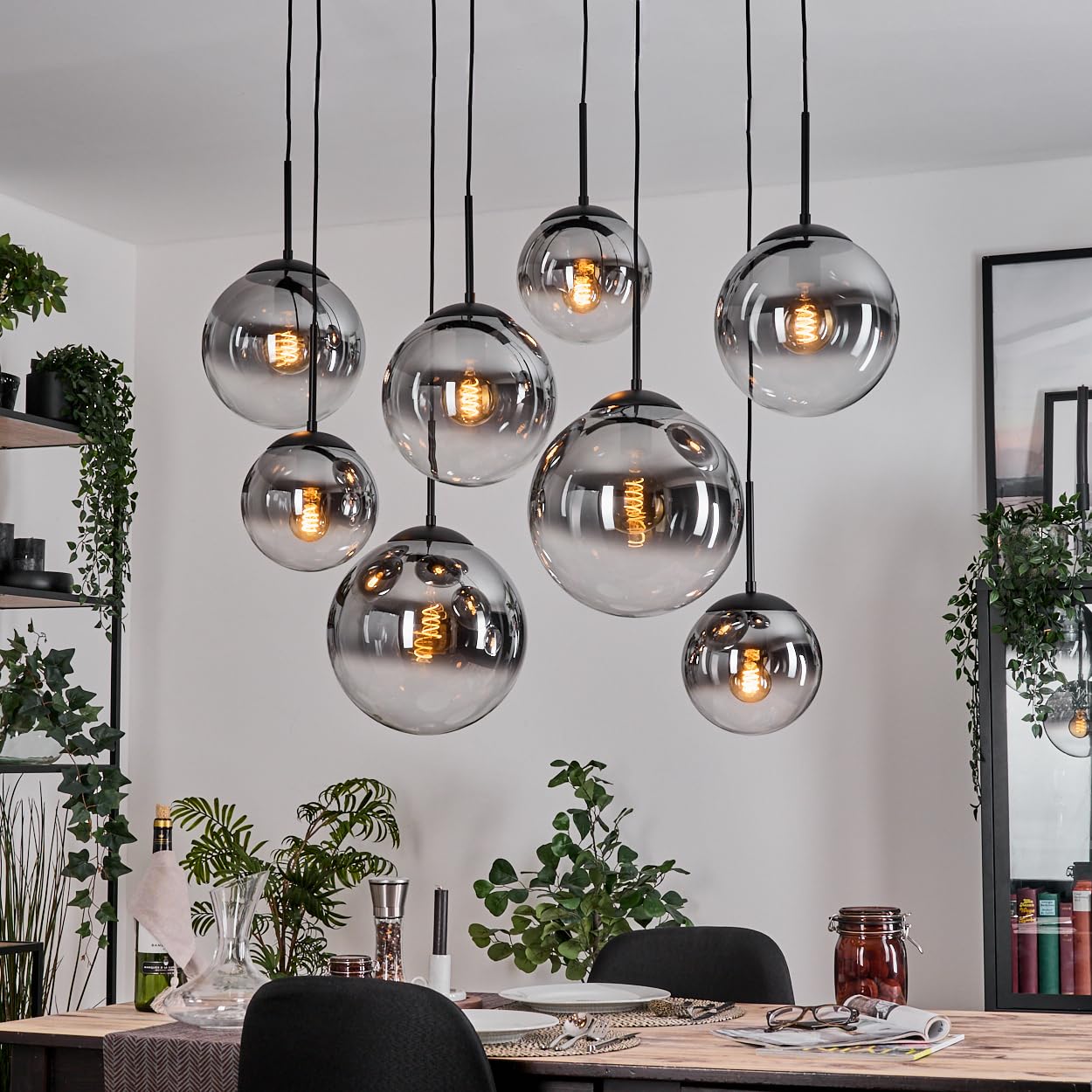 HOFSTEIN Gastor Pendant lamp, 8-Burner Metal/Glass Pendant lamp in Black/Smoke/Clear, Retro/Vintage Design (Ø 20, 25, 30 cm), E27, Pendant lamp max. 130 cm, Dining Room, Living Room, Kitchen