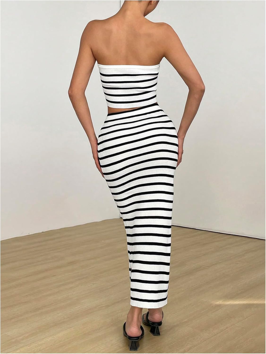 Milumia Women's 2 Piece Outfits Striped Strapless Knit Crop Bandeau Top Maxi Skirt Sets - Image 3