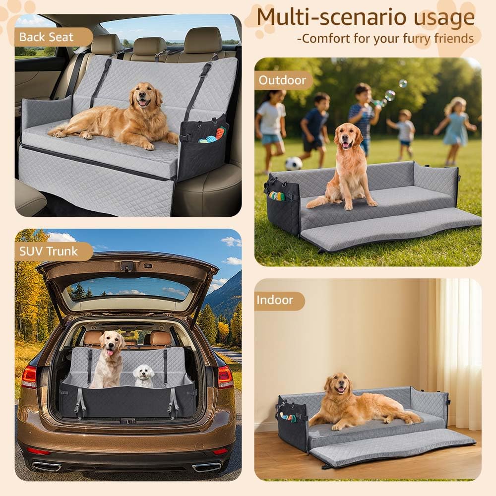 unipaws Asiento de coche para perros medianos/grandes de hasta 55 kg, asiento elevador para mascotas con 2 cinturones de seguridad y bolsillos laterales, fácil entrada frontal/lateral, cama