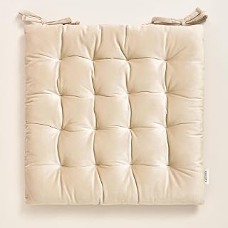 ROOM99 Nova Cojín para Silla, 40 x 40 x 4,5 cm, cojín de Asiento con Cintas, cojín Decorativo para Silla, Suelo, Exterior, Interior, salón, Terciopelo, Crema, 1 Unidad