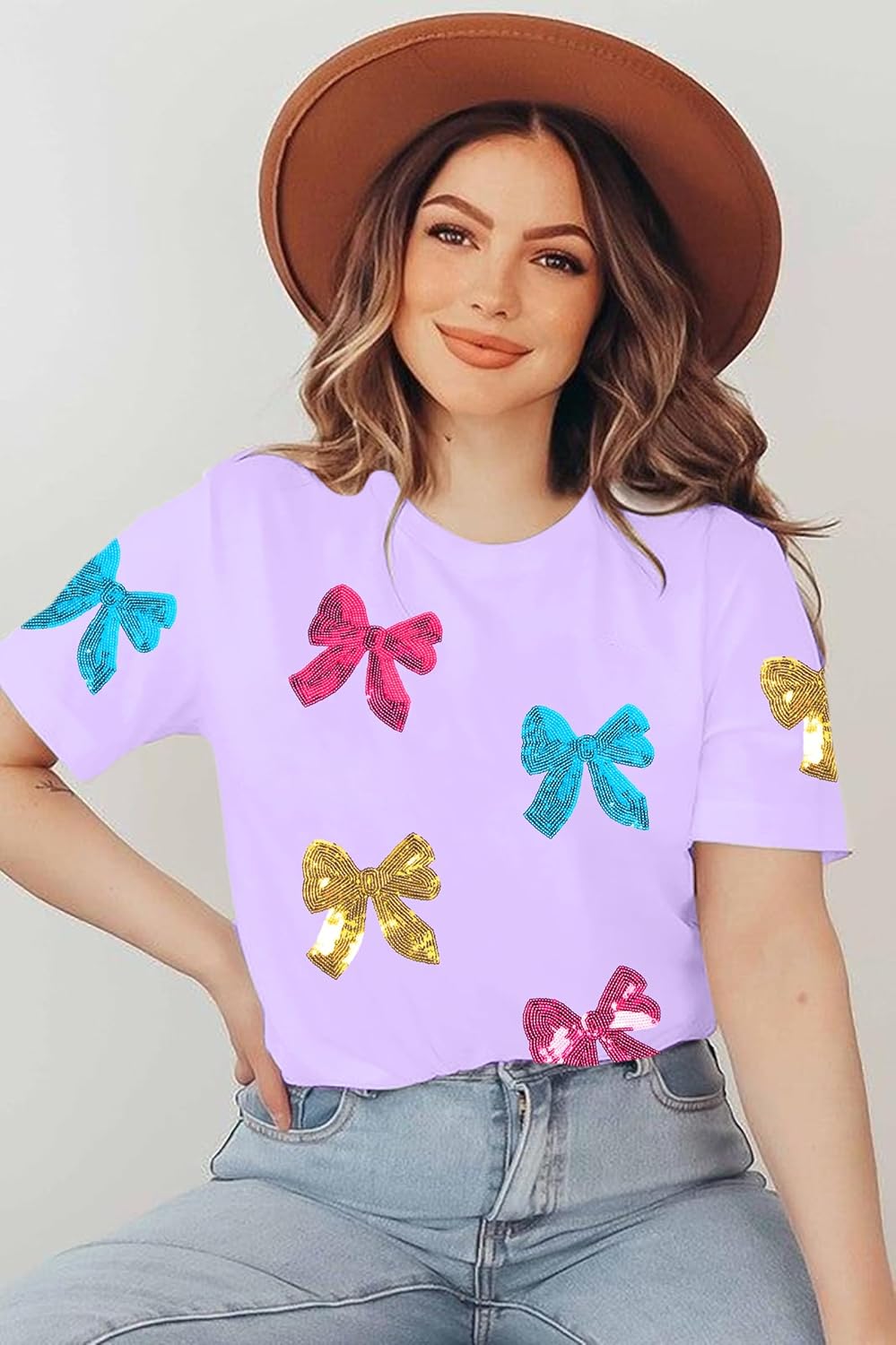 Womens Bow Shirt Coquette Aesthetic Shirts Cute Sequin Graphic Tees Trendy Pink Bow Ribbon Short Sleeve Tee Tops - Image 3