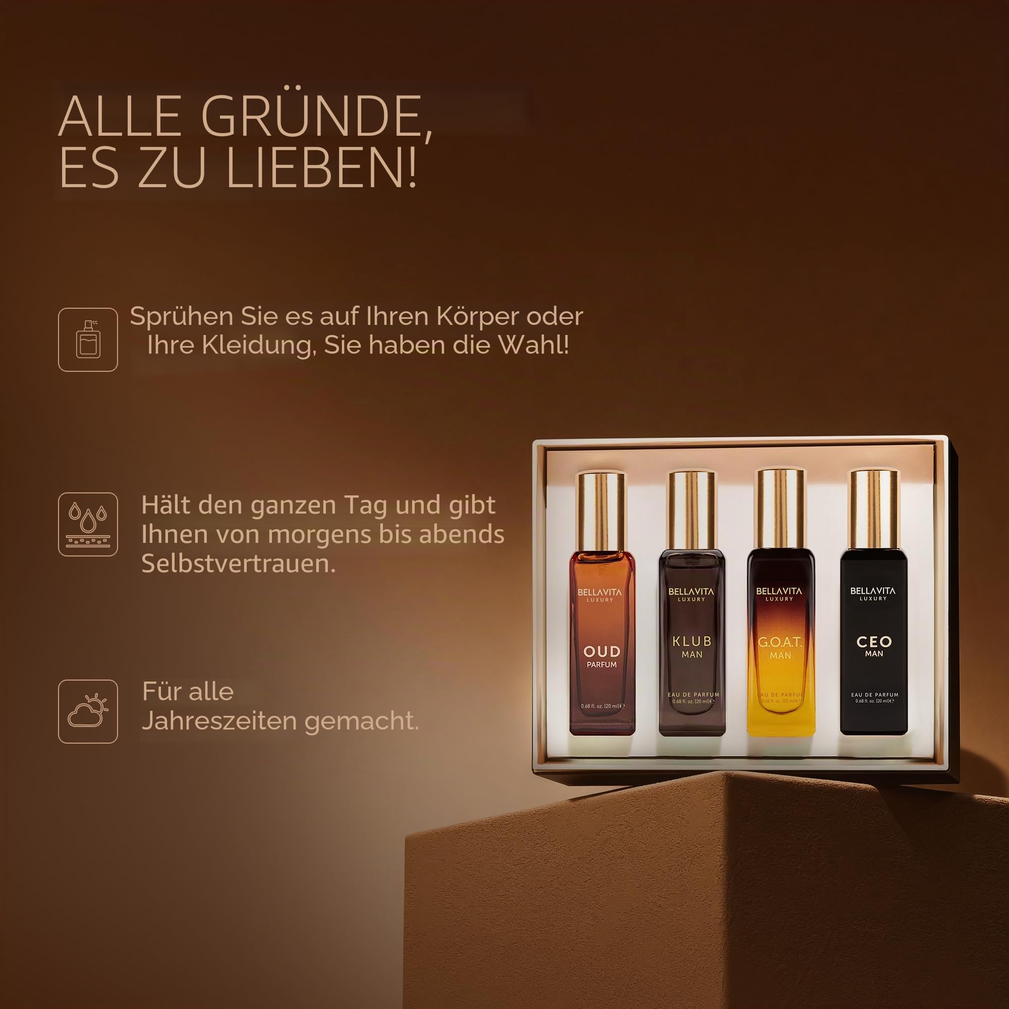 Bella Vita Luxus-Parfüm-Geschenkset für Herren | 4 x 20 ml | Geschenkidee für Männer | Holzig, Zitrus, Oud, Premium-Duft | KLUB, OUD, CEO, G.O.A.T.