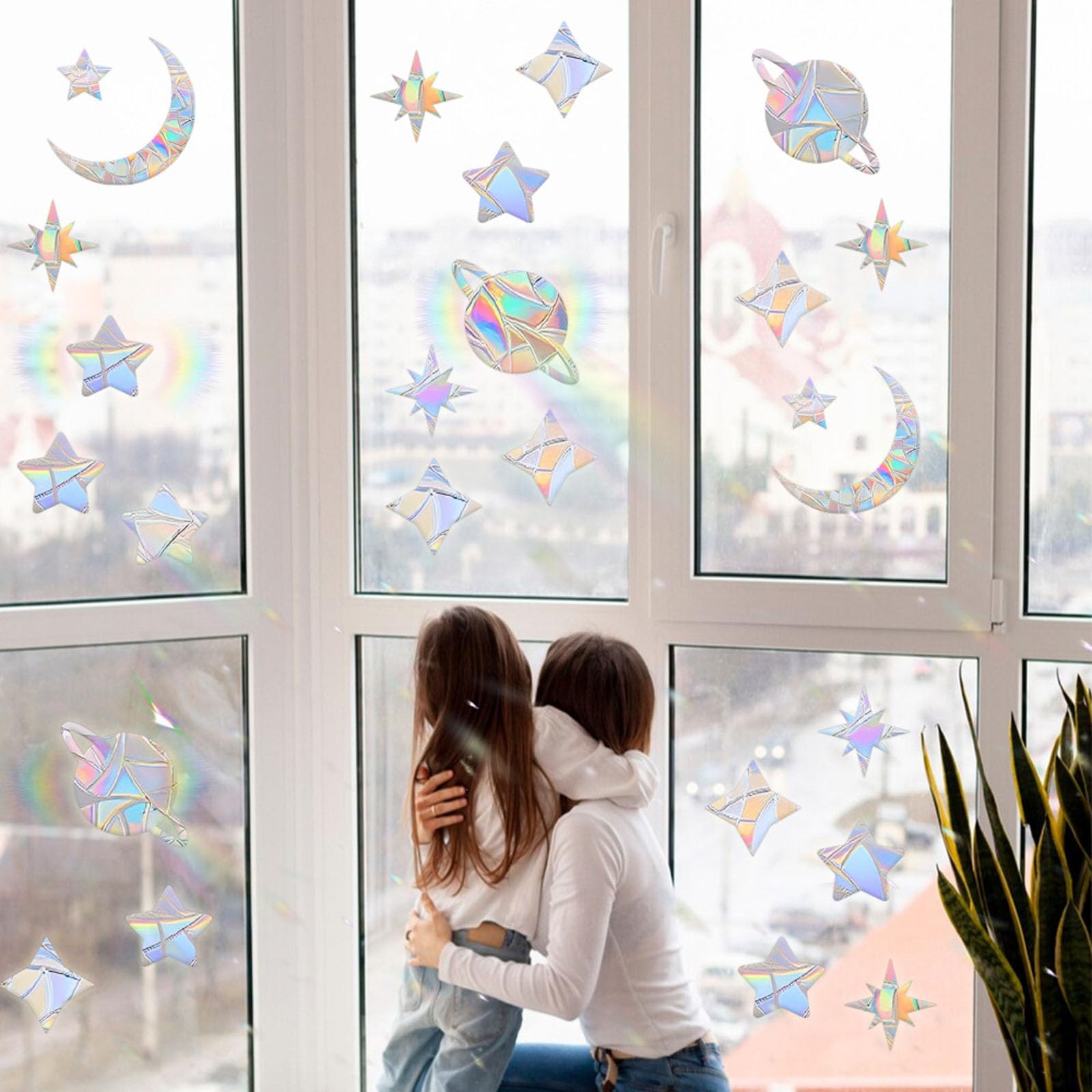 Tazweeq 17 Pcs Anti-Collision Window Clings, Starry Rainbow Window Stickers, Anti-Collision Window Stickers for Preventing Bird Impact, Reusable Rainbow Window Stickers