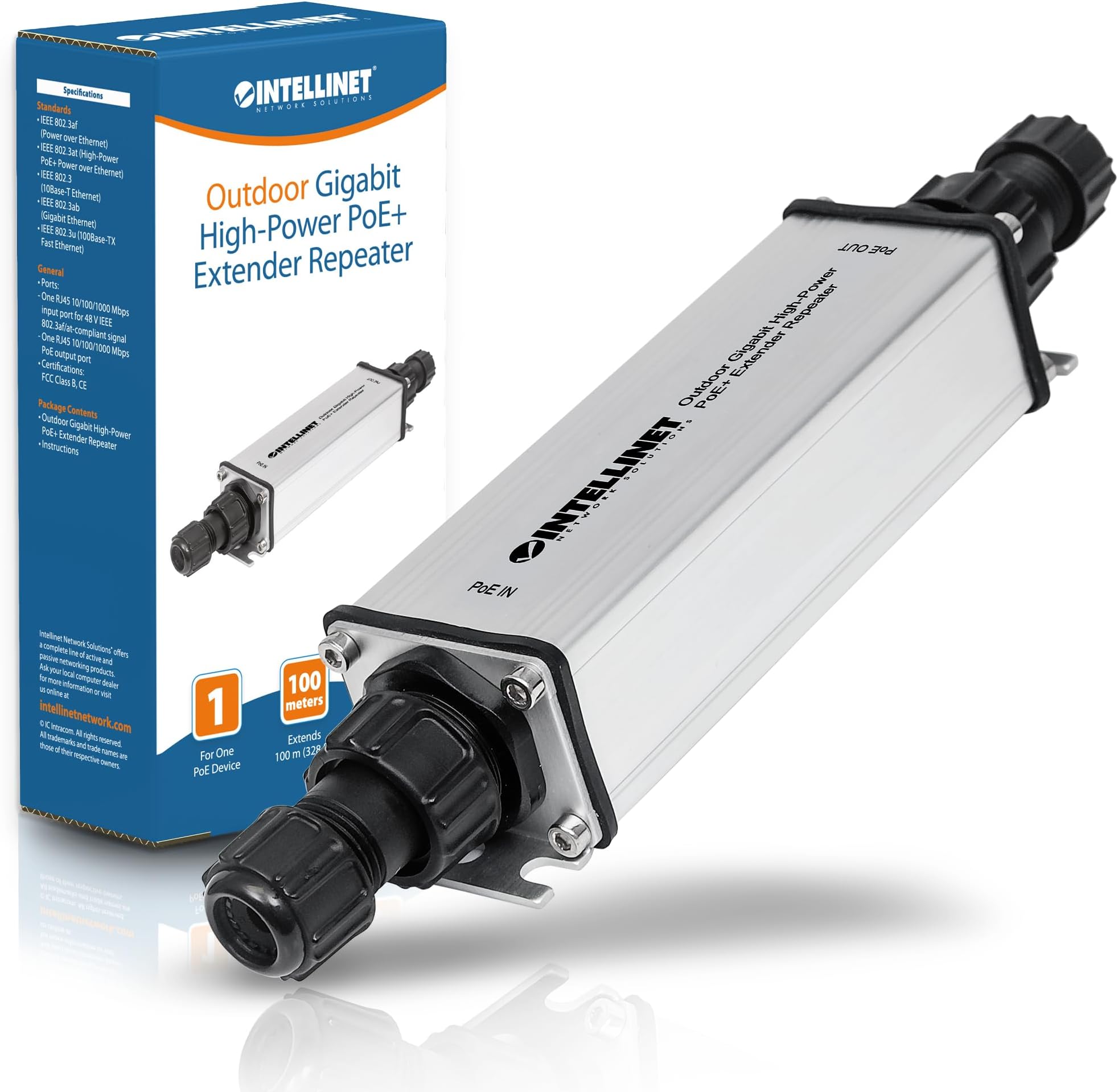 Intellinet 561211 Outdoor Gigabit High-Power PoE+ Extender Repeater, IEEE 802.3at/af Power over Ethernet (PoE+/PoE), Extends Range up to 100 m (328 ft.), Metal, IP65