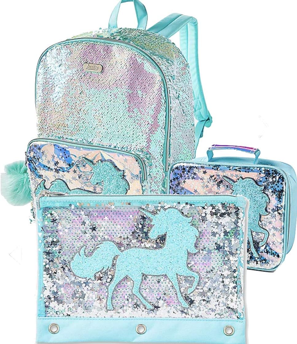 Justice Girls Unicorn Flip Sequin Shaky School Backpack & Lunch Tote Bag & Pencil case (3 pieces) Blue