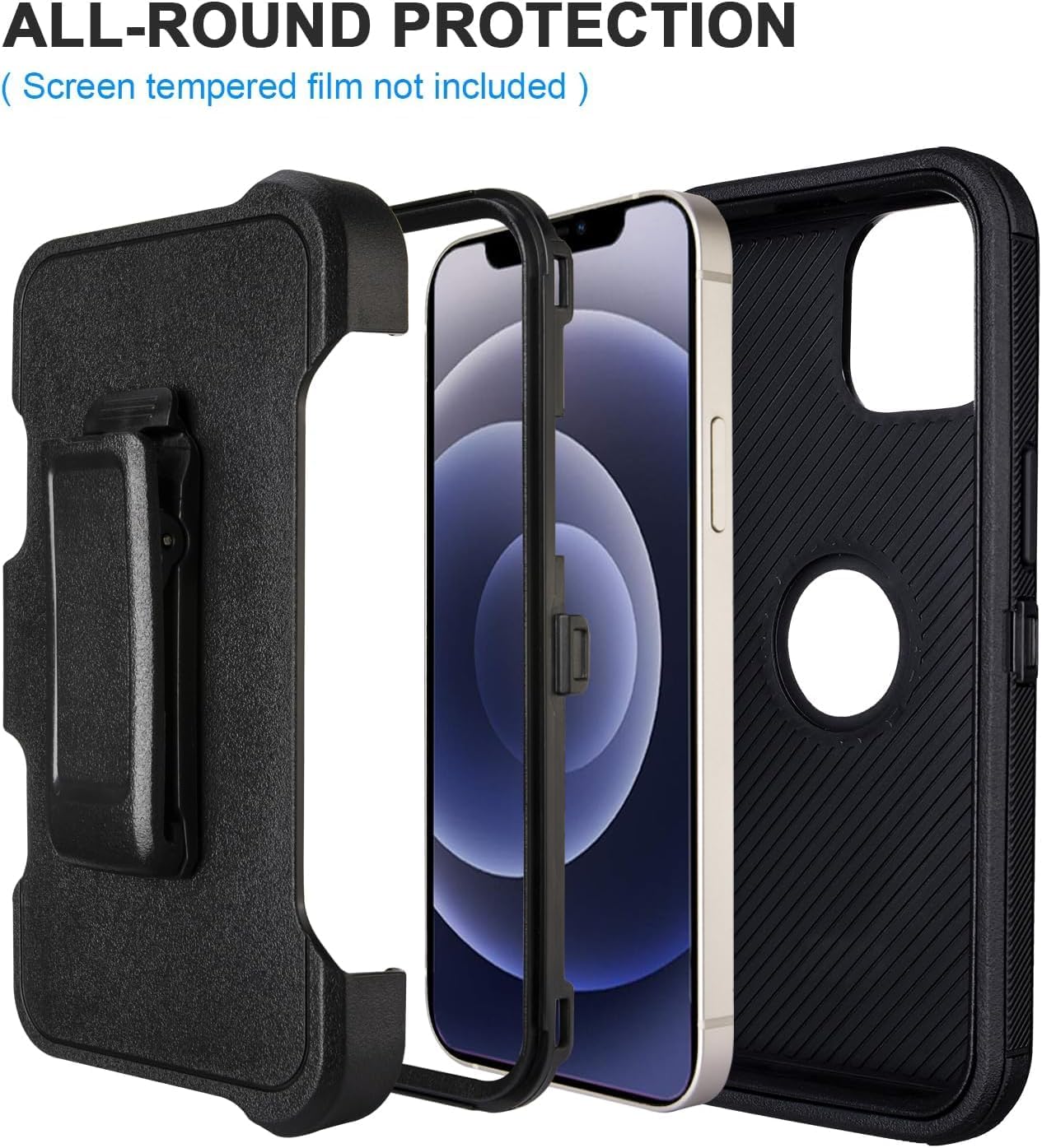 for Defender iPhone 12 Case with Clip,Full-Body Rugged,3 Layers of Sturdy,with Port Protection,Heavy Duty iPhone 12 Phone Case with Holster Clip,Black - Image 6