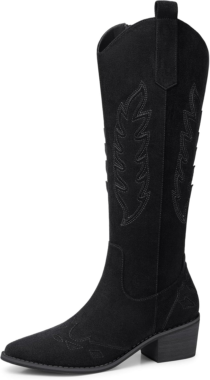 Suede Knee High Cowboy Boots for Women Comfortable Tall Cowgirl Boots Zipper Low Heel Fall Winter Western Booties