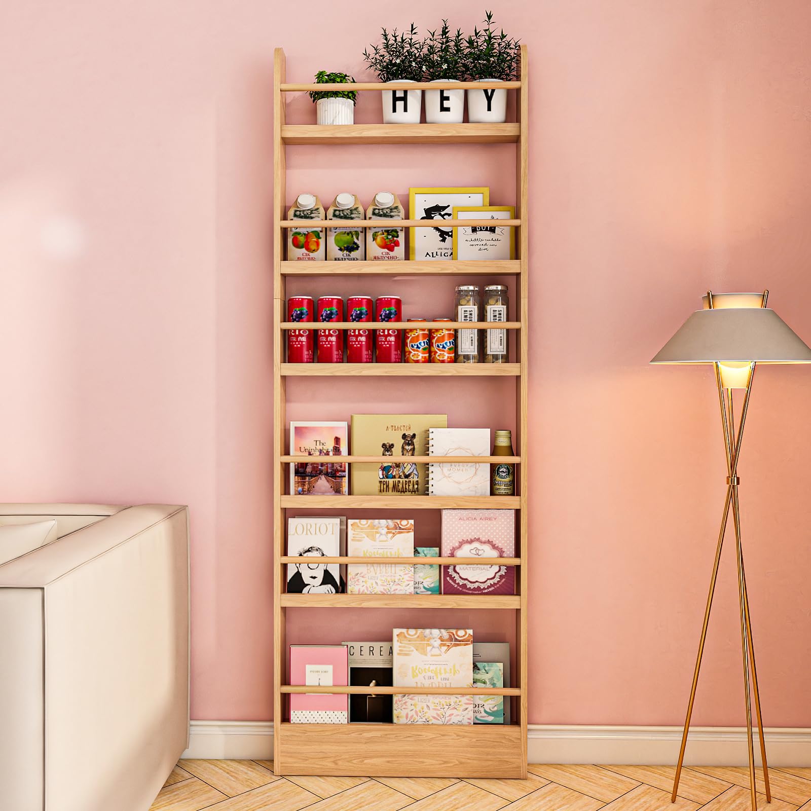 ybaymy Wooden Kids Bookshelf, 6-Tier Behind The Door Bookshelf Organizer for Books and Toy Storage Wall Mount for Adult Space-Saving Bookshelf in Bedroom, Living Room, Playroom Wood