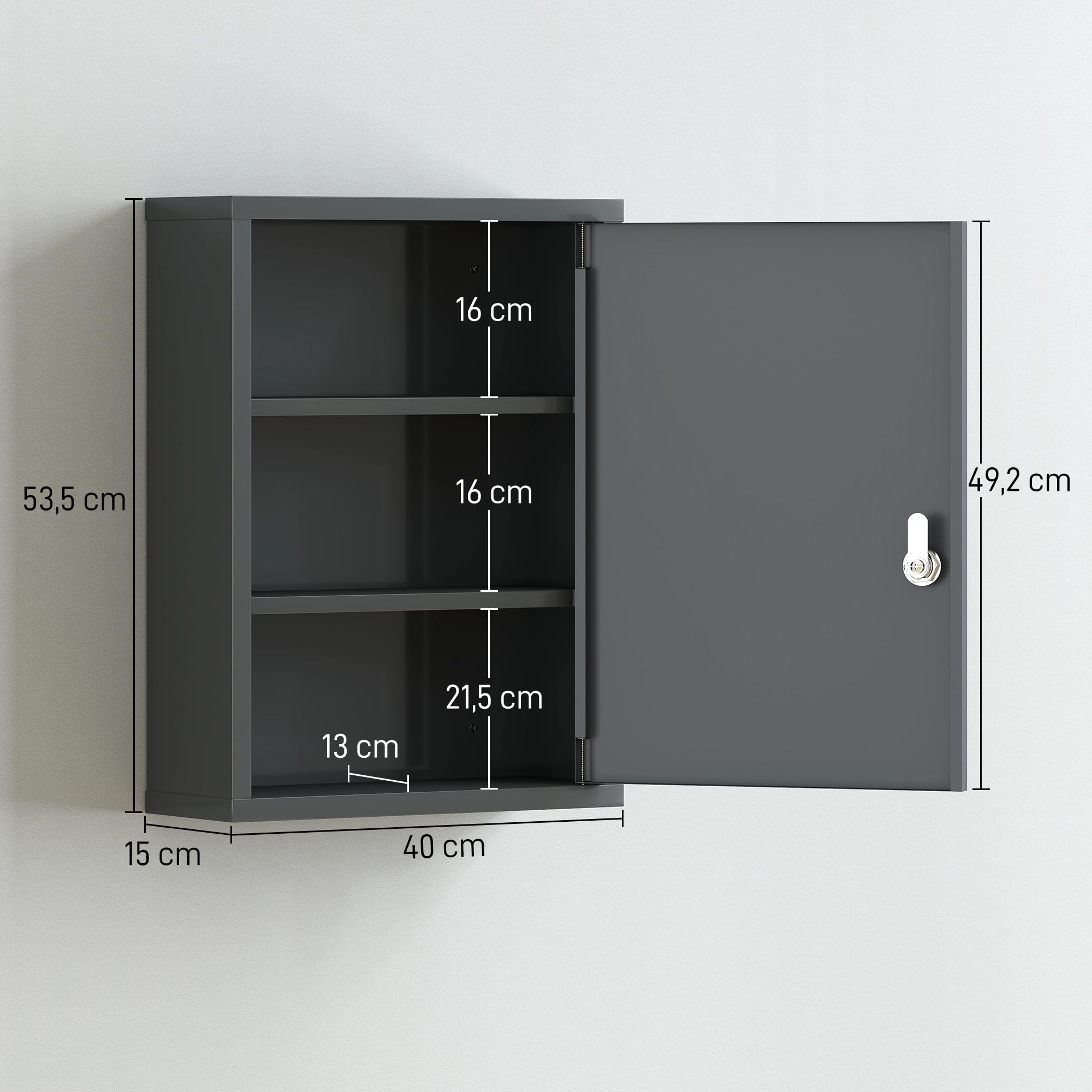 kleankin Armoire Pharma Verrouillable 3 Compart. 40x15x53.5cm Gris Anthr.
