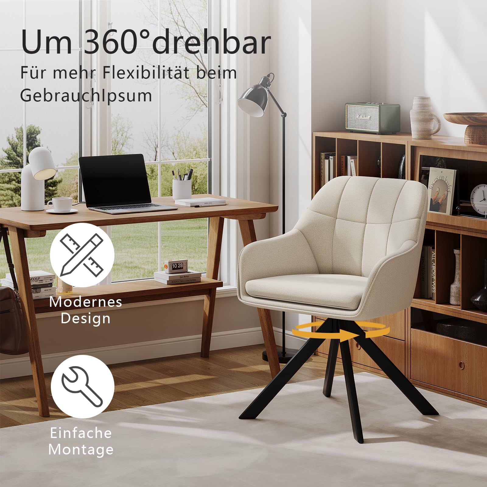 Lot de 6 Chaises Pivotantes 360° en Lin Beige avec Accoudoirs, Chaises de Salle à Manger, Cuisine, Fauteuils avec Pieds en Métal, pour Bureau ou Salon