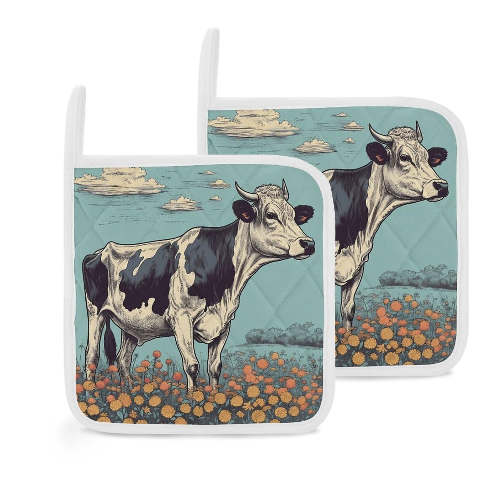 Btcowzrv Style Hand Drawn Cow 2 Pack Pot Holders For Kitchen, Heat Resistant Potholder Set With Hanging Loops, Hot Pads For Oven Baking Cooking