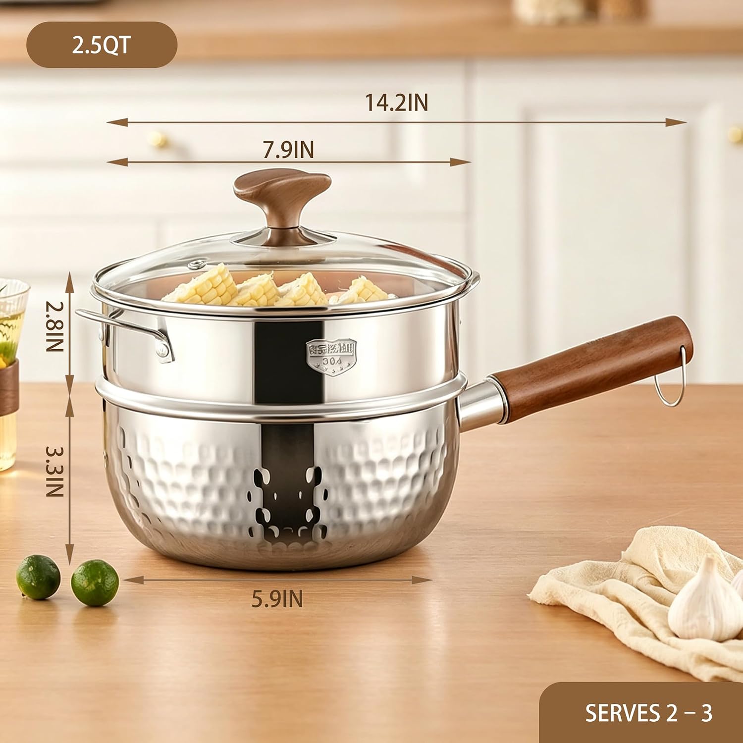 MANO 2.5Qt Saucepan with Lid and Steamer Basket 304 Stainless Steel Milk Pot with Double Pour Spouts, Wood Handle for Soup, Oatmeal, Noodles