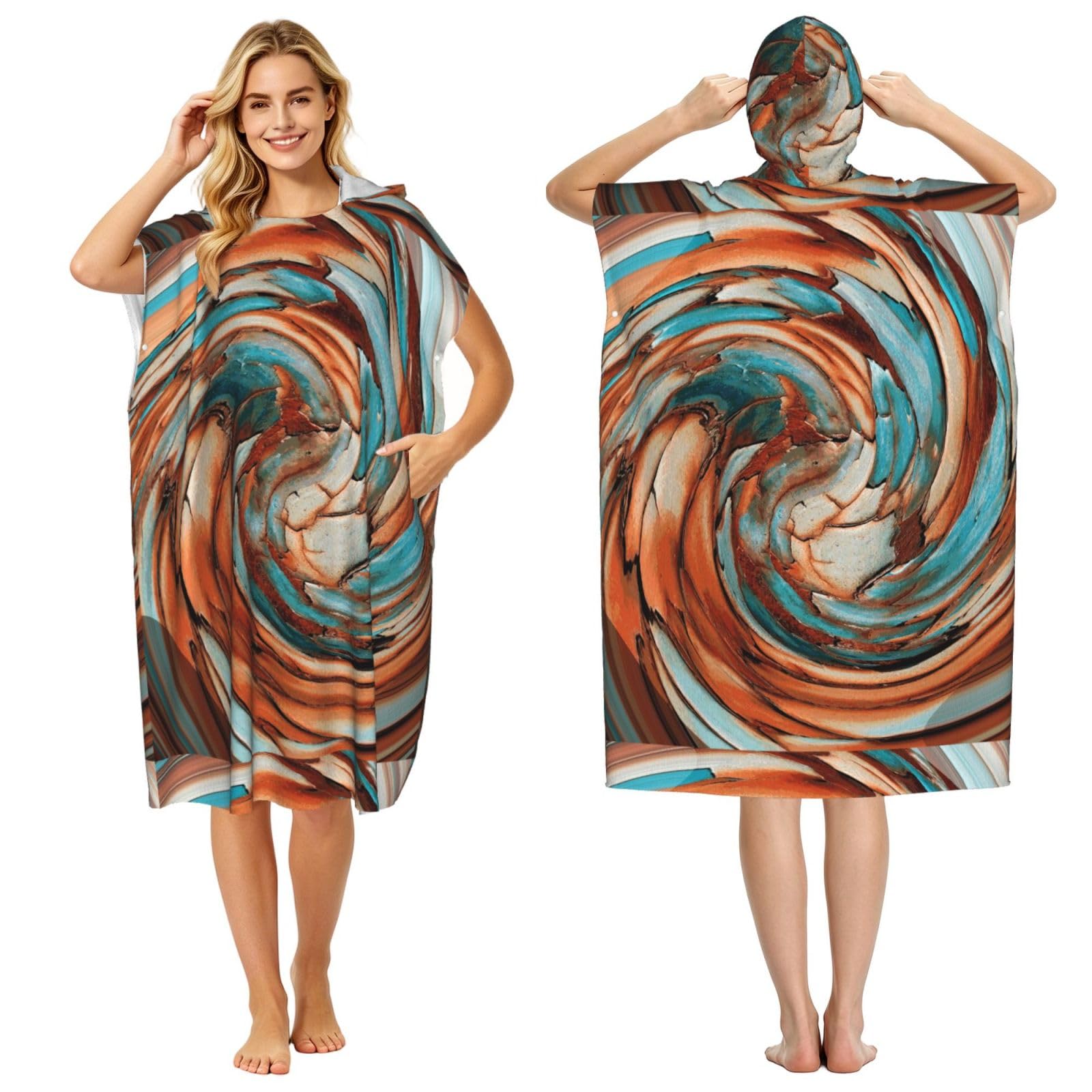 Poadnly Rust Blue Abstract Art, Adult Hooded Beach Towel 90 x 110 cm,Changing Bath Robe, Surf Poncho Towel For Women Men