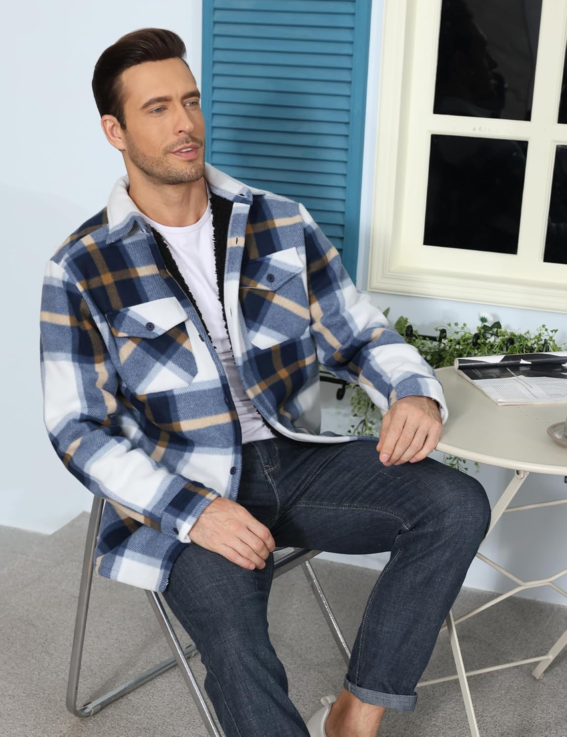 Men's Flannel Jacket Sherpa Lined Casual Button Up Plaid Jacket Long Sleeve Fleece Shacket with Pockets - Image 3