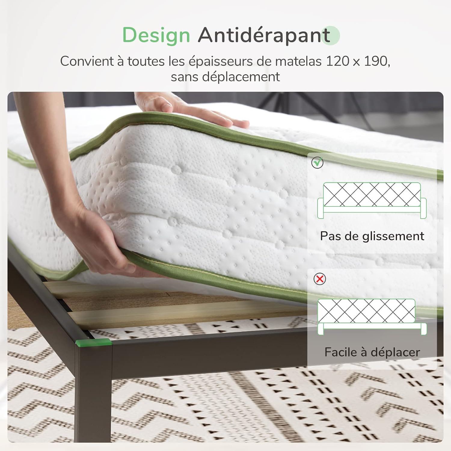 Illustration of the anti-slip design of the Novilla bed frame, showing how it prevents mattress movement.