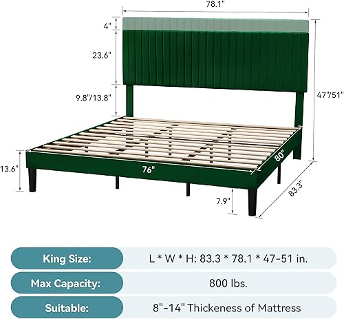 Miniatura 71 de HOOMIC Base de cama de plataforma de tamaño matrimonial, cama tapizada de terciopelo moderno con cabecera capitoné de canal vertical ajustable,