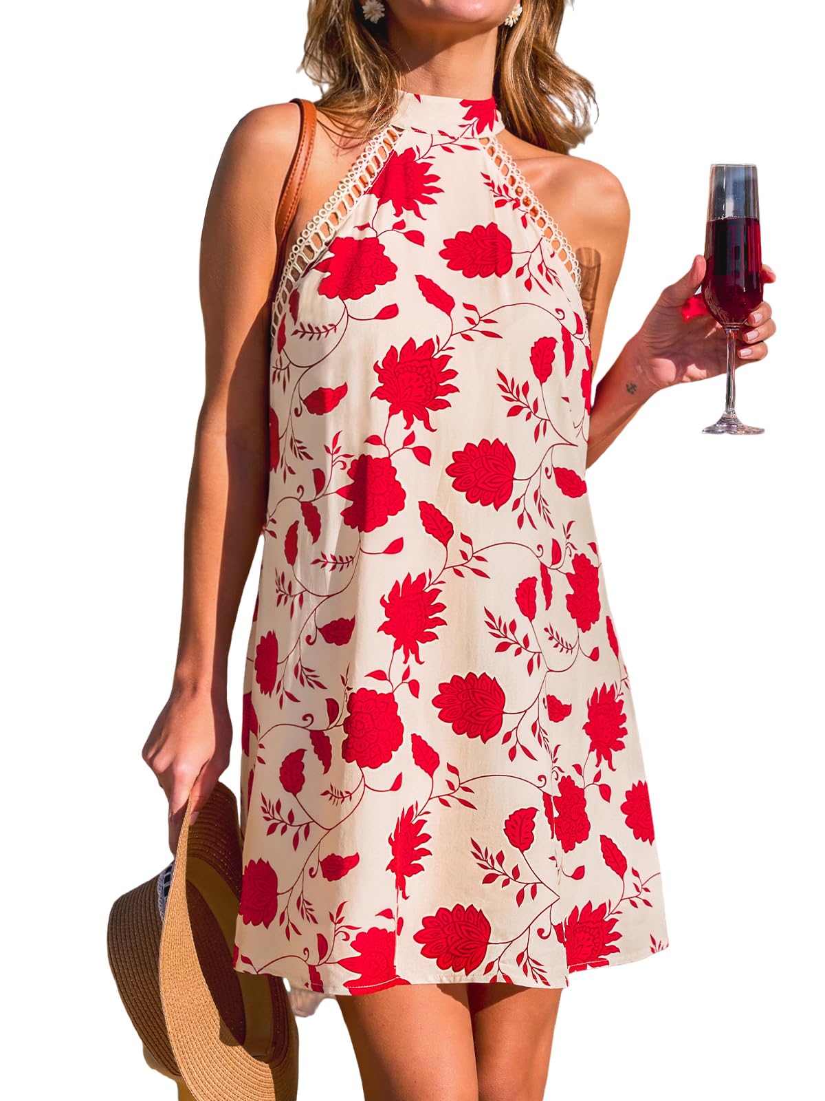 CUPSHE Lace Trim Summer Dress Halter Neck Backless Vacation Mini Dress