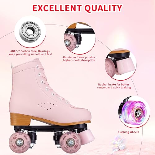 Miniatura 3 de jessie Roller Skates for Girl and Women, PU Leather Light up Kids Roller Skates, Cute Adjustable Four-Wheel Beginner Youth Roller Skates Girls Ages