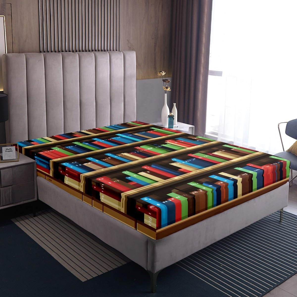 Pixel Vedio Game Kids Queen Size Fitted Sheet,Pixelated Bookshelf Bookcase Boys Girls Bed Sheets,Books Modern Building Games Room Decor,Colorful Bedding Set,2 Pillowcases(No Flat)
