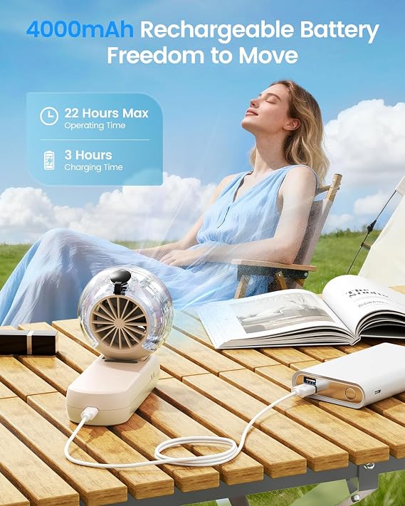 TriPole Misting Fan Portable Turbo Hand Held Fan with Water Mist, LED Display, 4000mAh Recahrgeable Battery, Neck & Desk Use, Personal Mini Handheld Mister Spray Bottle Fans for Outdoor Camping, Beige