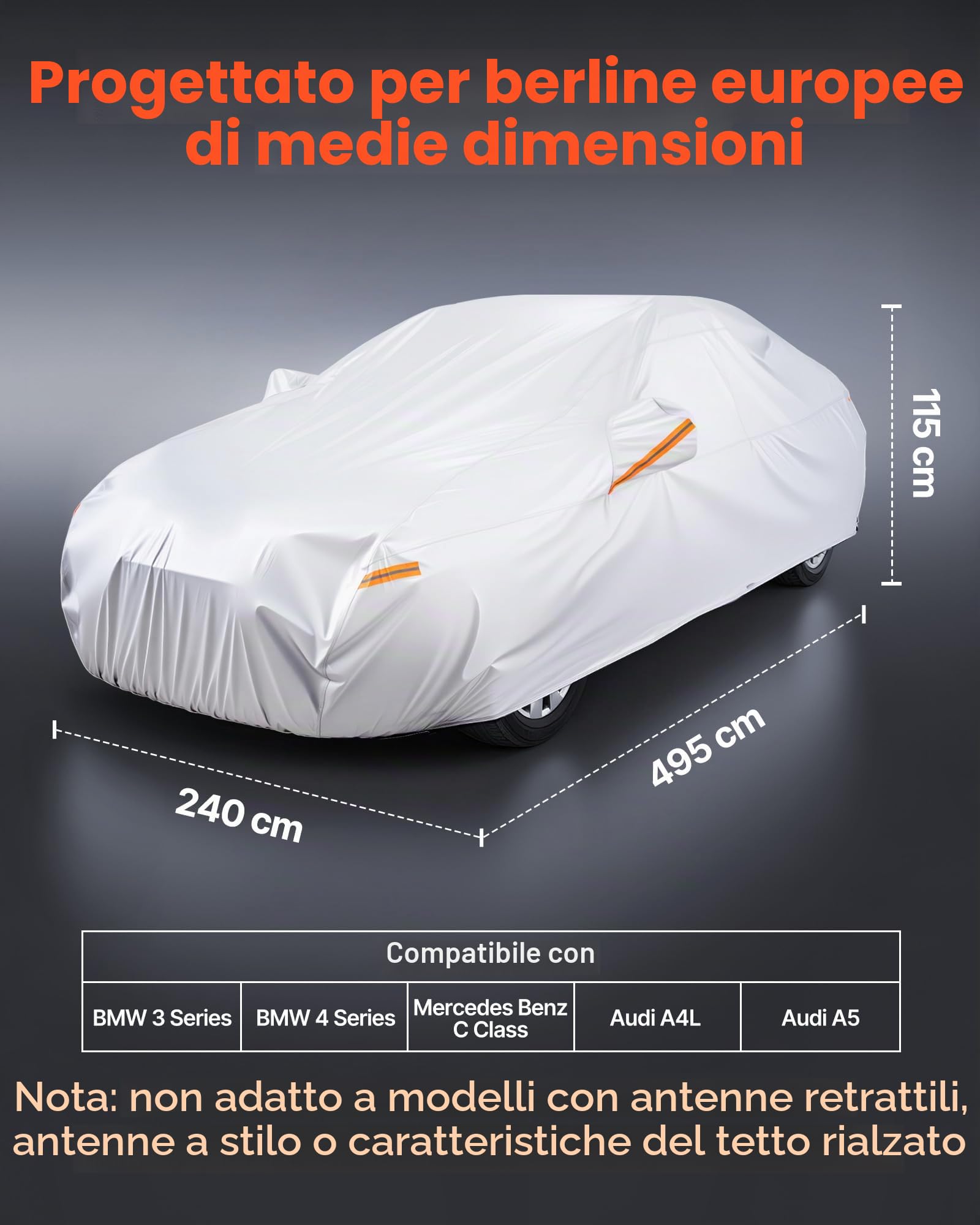 VEVOR Telo Copriauto, Telo per Auto Impermeabile per Modelli di Berline Europee di Medie Dimensioni, Protezione Completa su Misura Neve, con Cerniera Sulla Portiera e Fodera in Cotone, Argento
