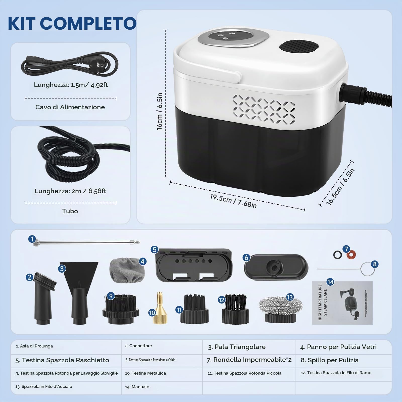 Pulitore a Vapore, 2500W Pulitore a Vapore Alta Pressione Portatile con Serbatoio 1700ml, Tempo Riscaldamento 15 Secondi, 6 Livelli Vapore per Cucina, Bagno, Divano, Auto, Pavimenti