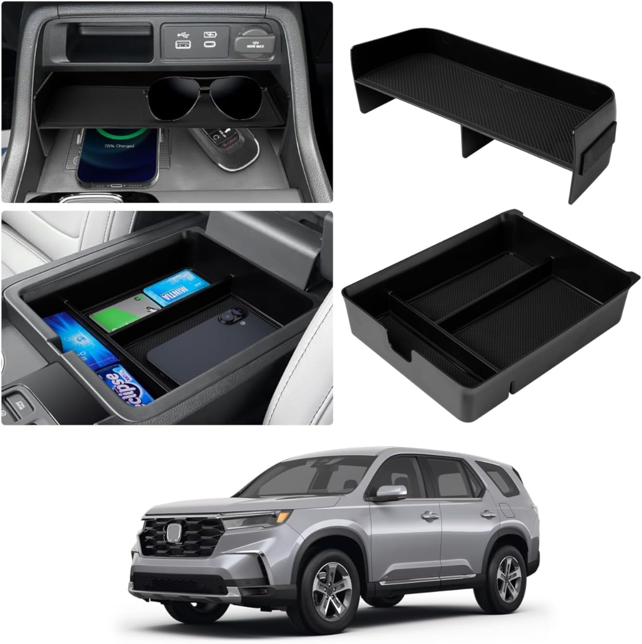 Karltys 2PCS Center Console Organizer for 2023-2025 2026 Honda Pilot/Passport, Armrest Storage Box for Honda Pilot 2025 Accessories with Non-Slip Silicone Mat
