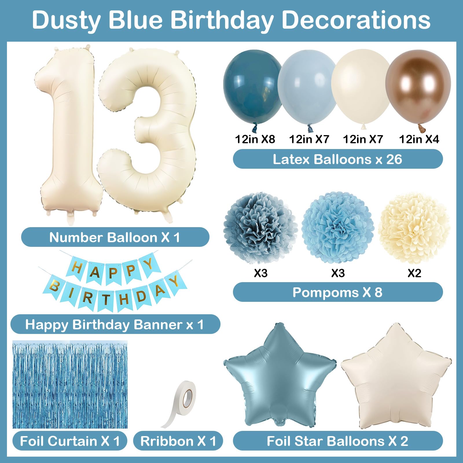 Dusty Blue 13th Birthday Party Decorations Boys Girls Beige Cream