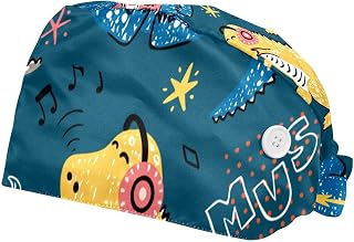 2 Pieces Working Hat with Buttons Adjustable Sweatband Bouffant Hats Unisex Tie Back Hats Dinosaur Love Music Notes
