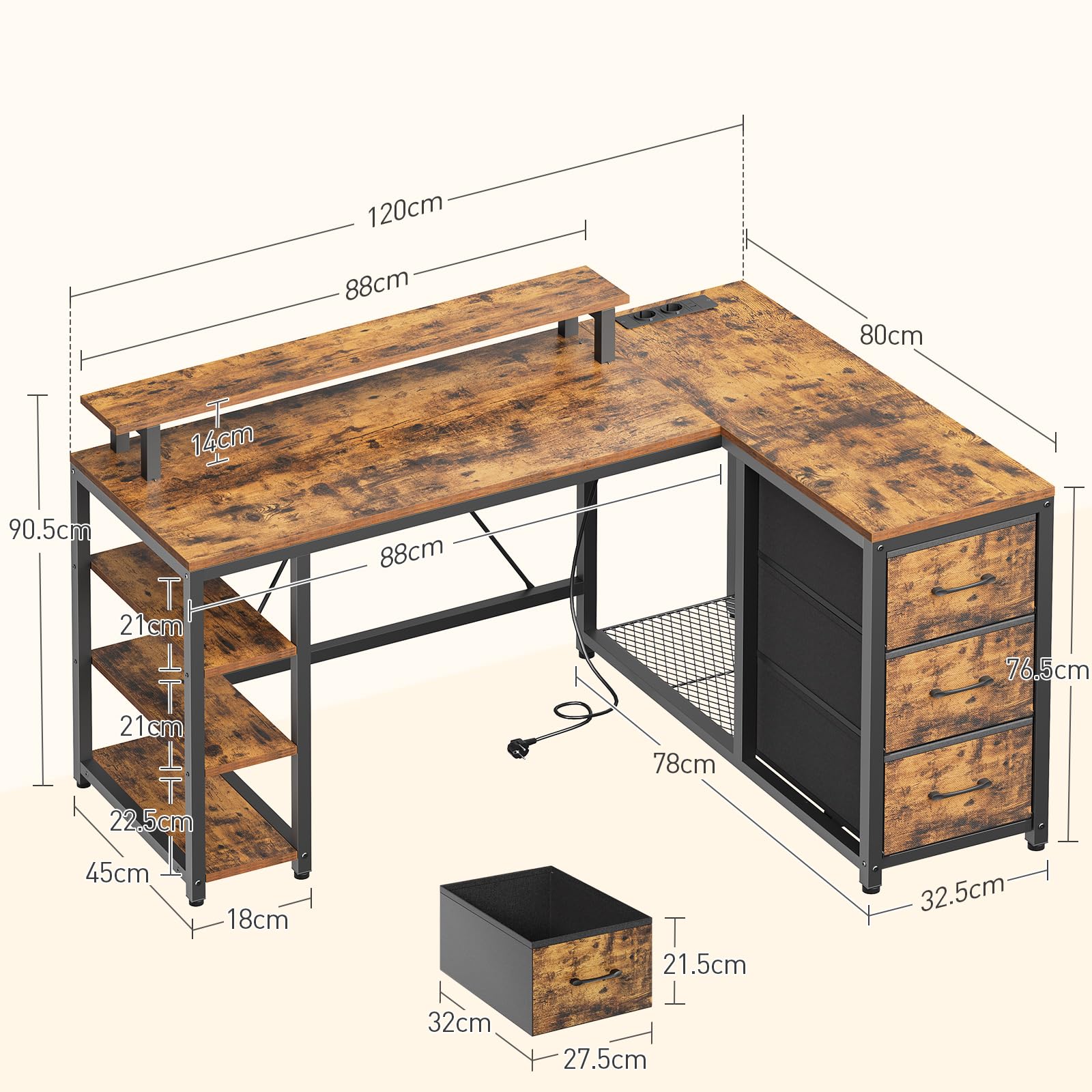 RALGEND L-förmiger Eckschreibtisch mit Steckdosen, Schreibtisch mit 3 Schubladen und Monitorständer, Computertisch mit Regal, 120 cm Gaming-Tisch für Büro, Home Office, Vintagebraun und Schwarz