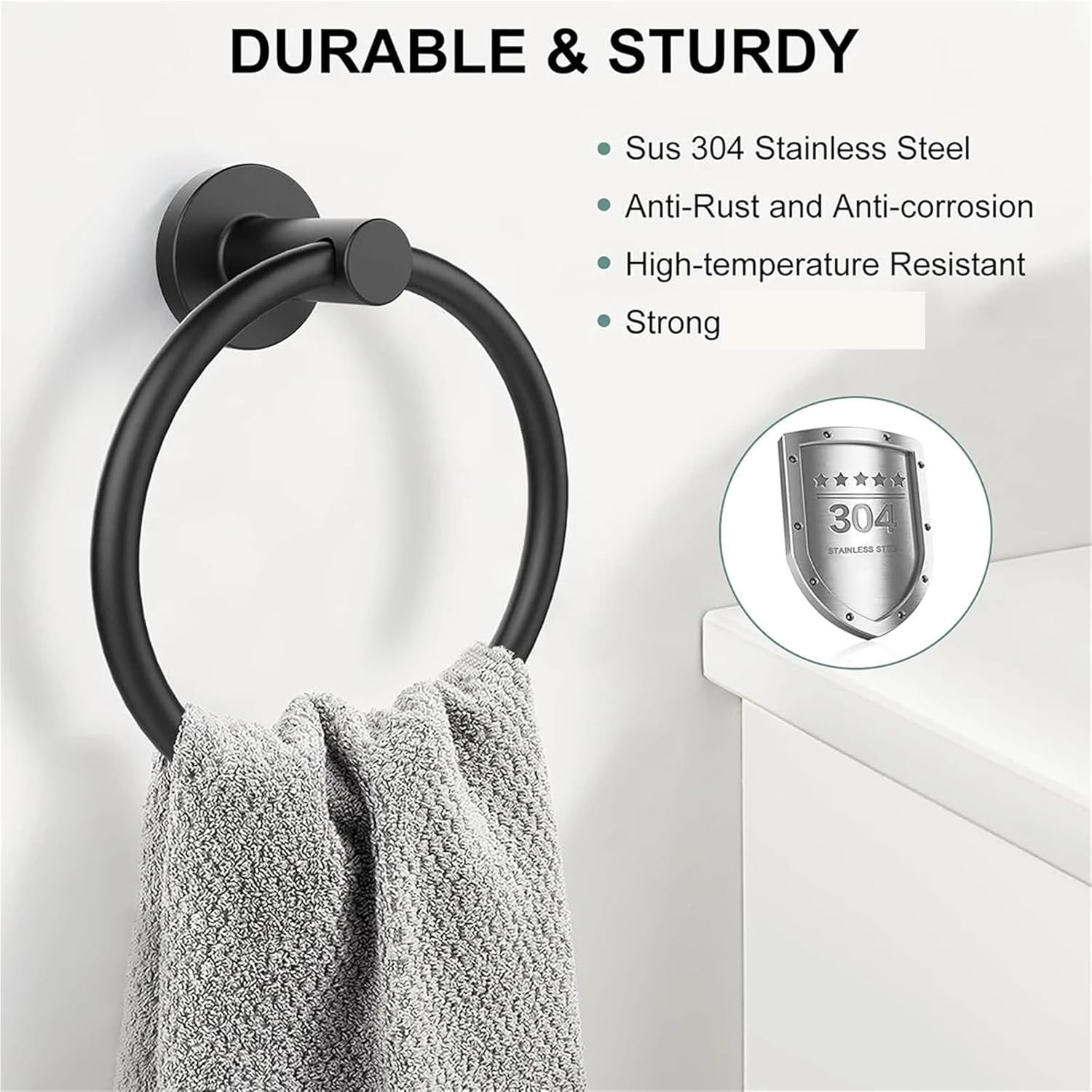 Towel Ring 5pcs Bathroom Towel Ring Hardware Accessories Storage Holder 304 Stainless Steel Matte Black Hand Towel Holder Round Towel Hanger for Bath, Kitchen(Black)