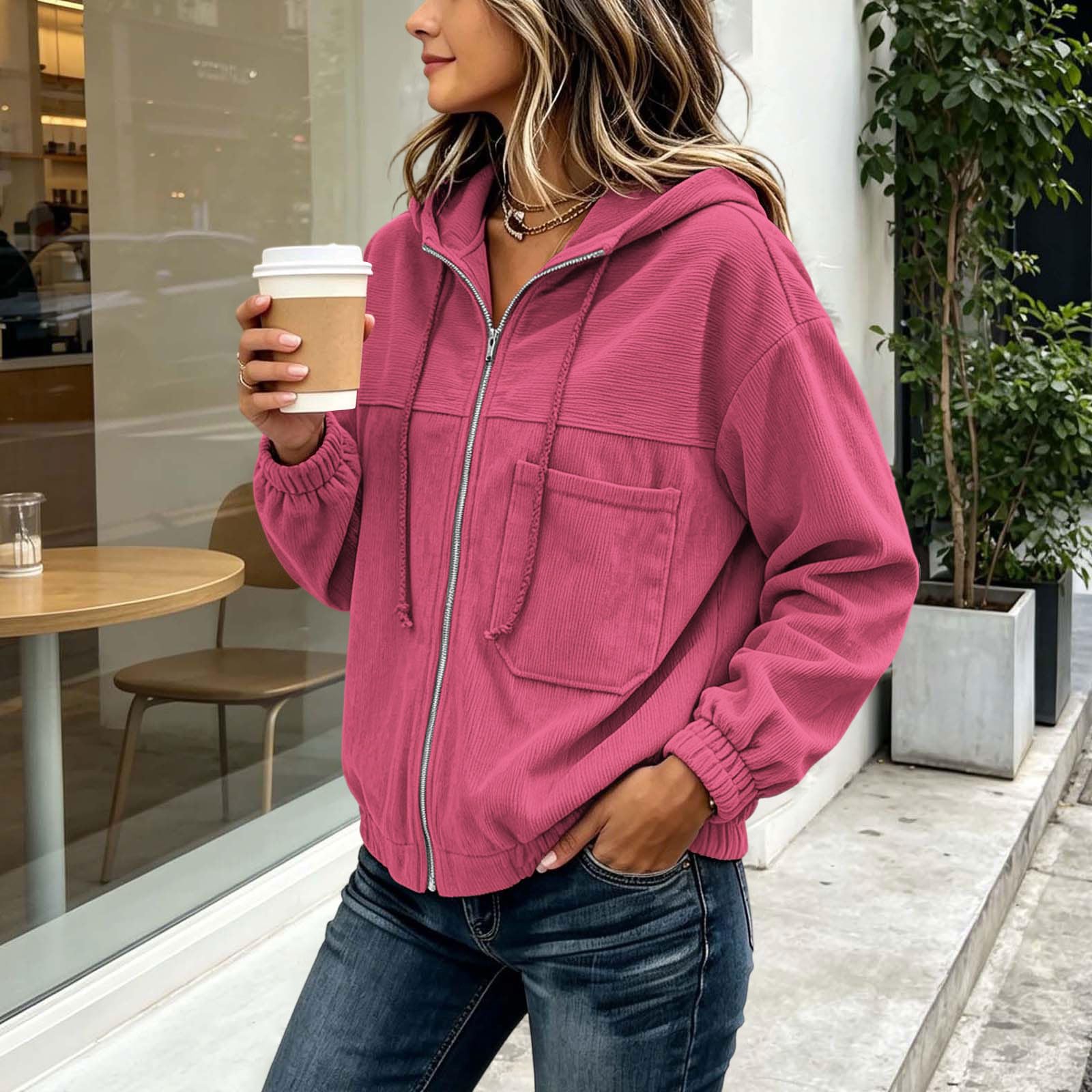 Sweatjacke Damen Kord Kapuzenpullover Vintage Pullover Zip Hoodie Lässige Outwear Atmungsaktiv Kapuzenjacke Dünne Winterpullover Mode Streetwear Retro Pulli Elegante Sweatjacken mit Brusttasche
