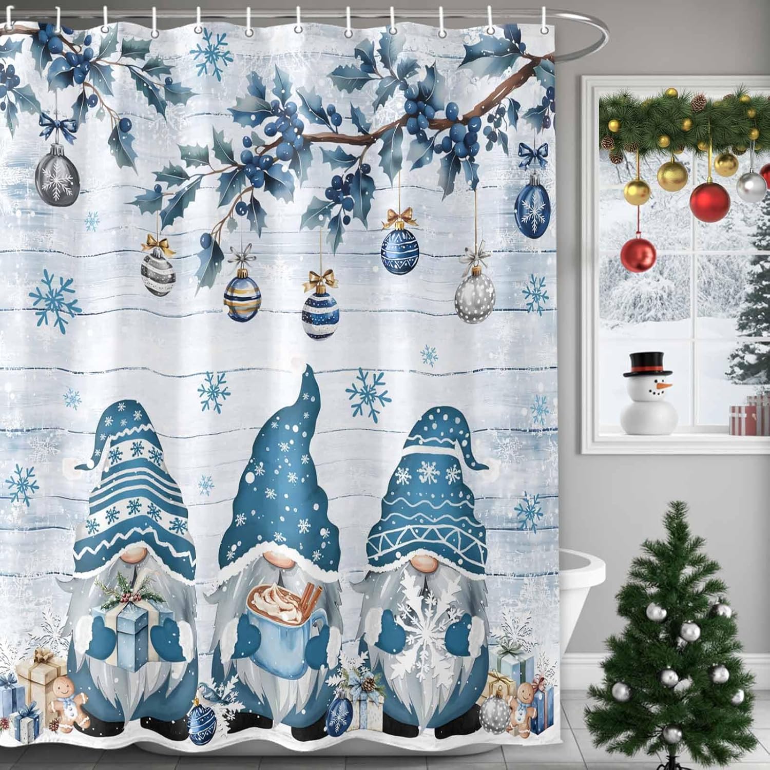 Christmas Shower Curtains for Bathroom Blue Gnome Xmas Balls Fabric Shower Curtain with Hooks Holly Snowflake Wood Grain Shower Curtain Set Holiday Bathroom Curtains Decor Waterproof 72 x 72 Inches